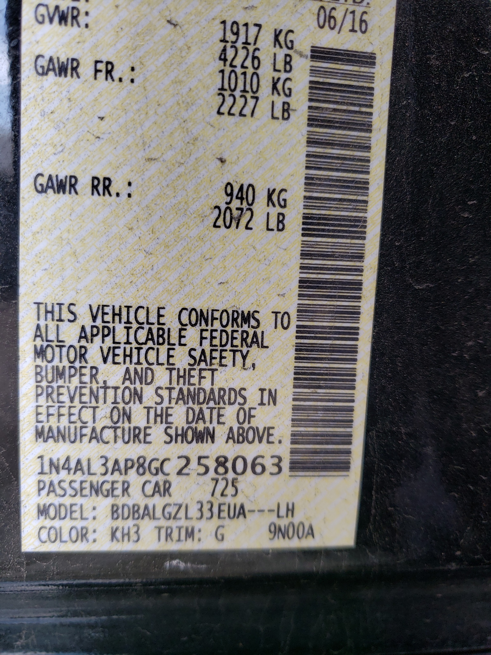Photo 10 from auction – 2016 NISSAN ALTIMA 2.5 with VIN 1N4AL3AP8GC258063