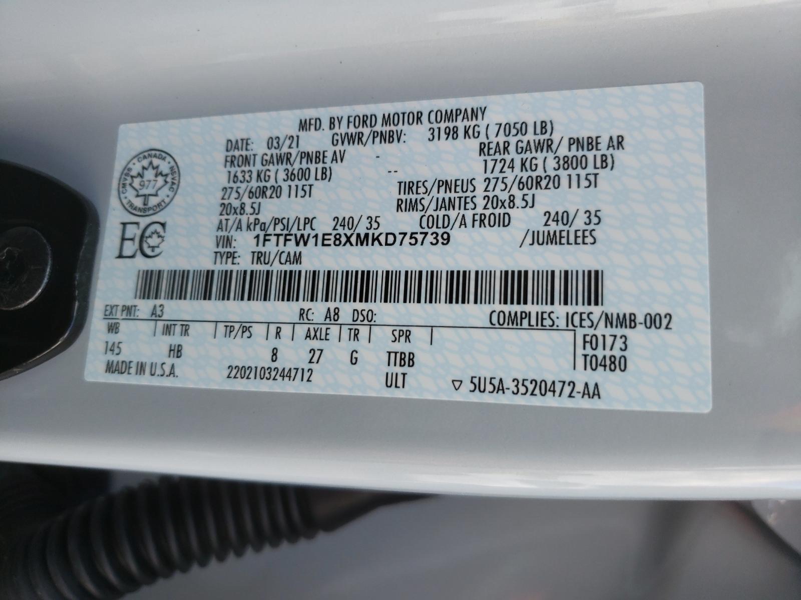 Photo 10 from auction – 2021 FORD F150 SUPER with VIN 1FTFW1E8XMKD75739