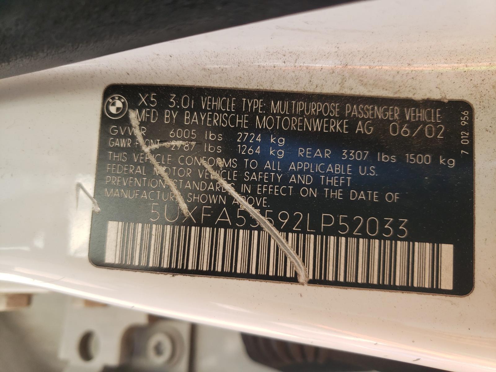 Photo 10 from auction – 2002 BMW X5 3.0I with VIN 5UXFA53592LP52033