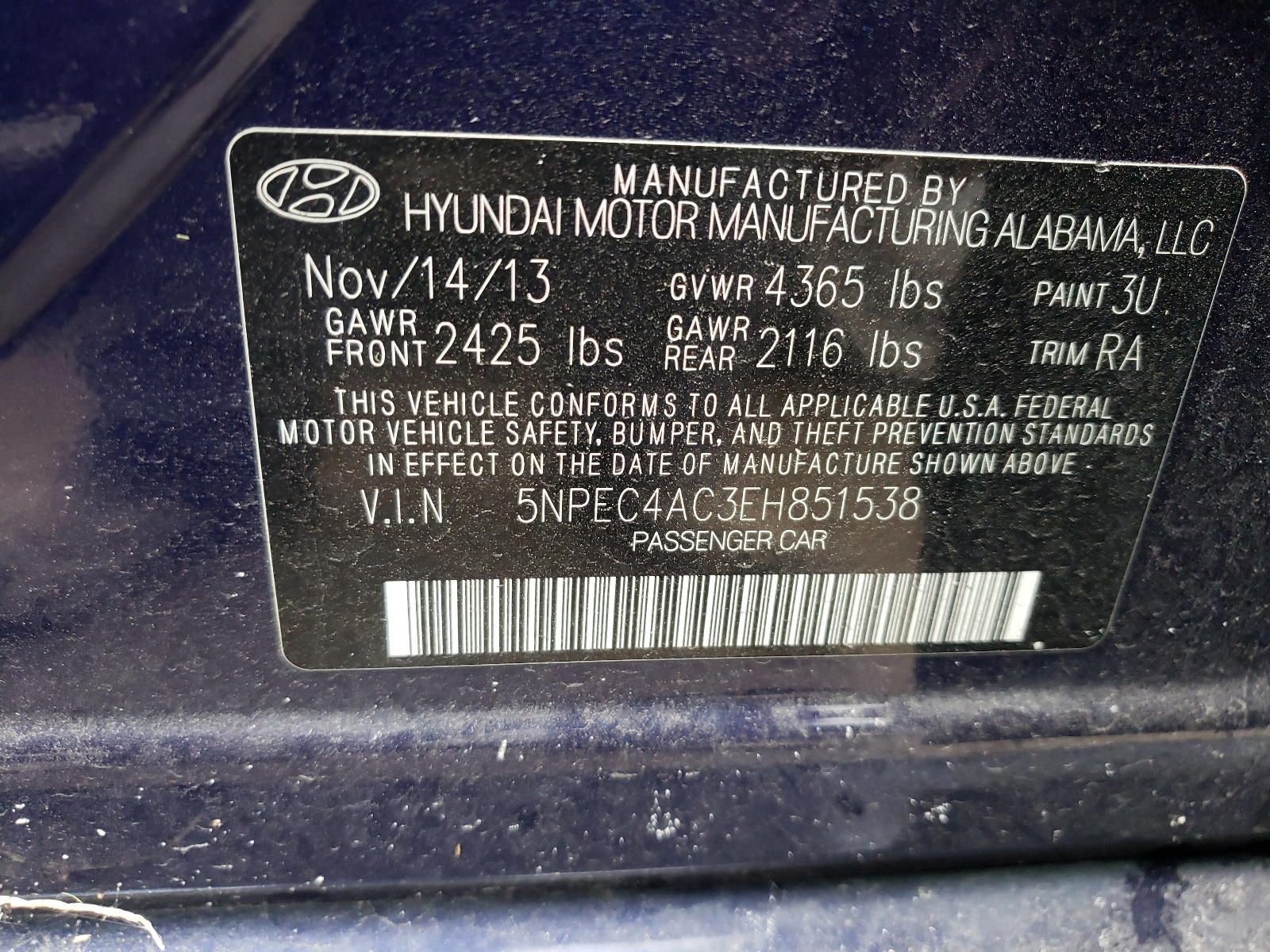 Photo 10 from auction – 2014 HYUNDAI SONATA SE with VIN 5NPEC4AC3EH851538