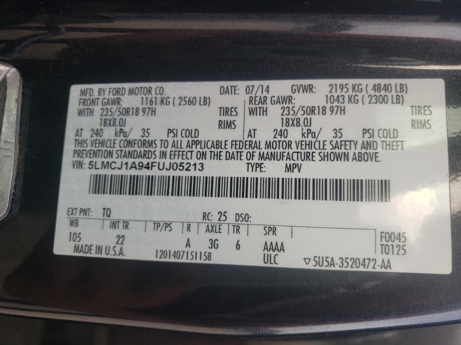 Photo 10 from auction – 2015 LINCOLN MKC with VIN 5LMCJ1A94FUJ05213