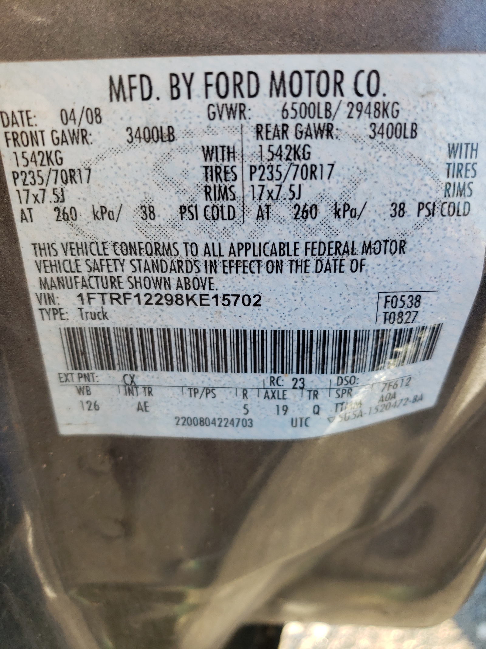 Photo 10 from auction – 2008 FORD F150 with VIN 1FTRF12298KE15702