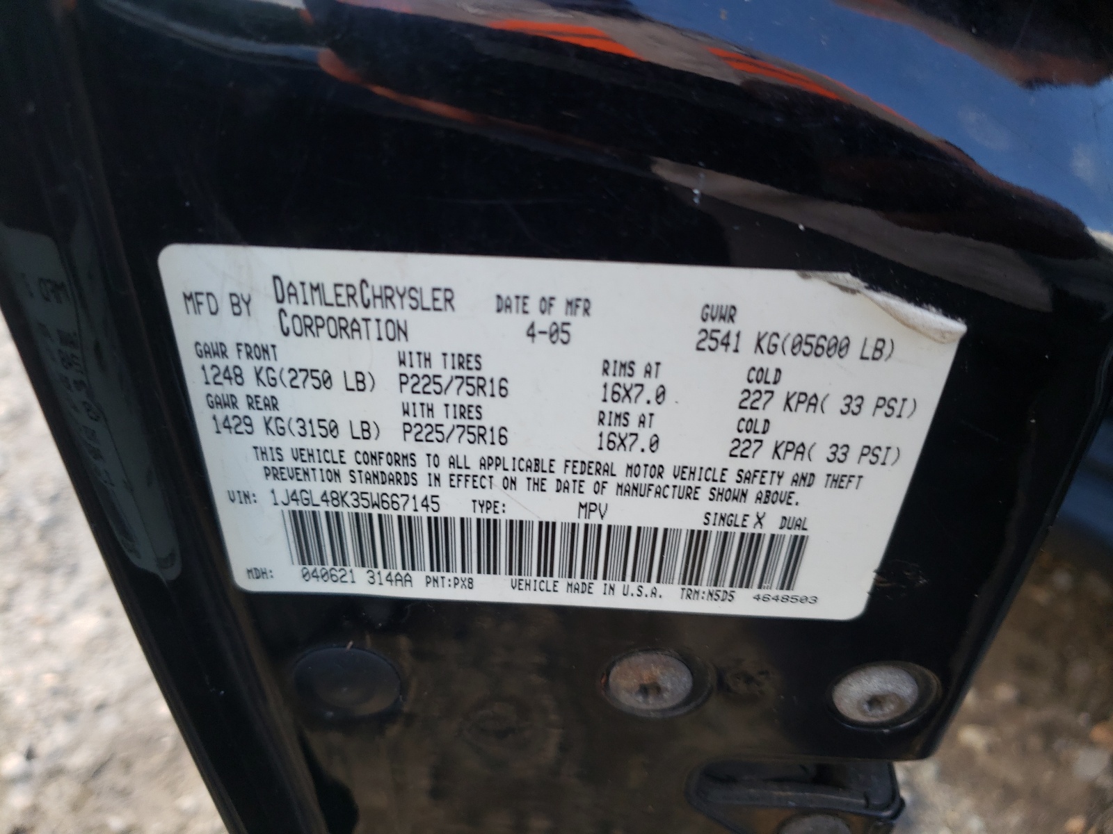Photo 10 from auction – 2005 JEEP LIBERTY SP with VIN 1J4GL48K35W667145