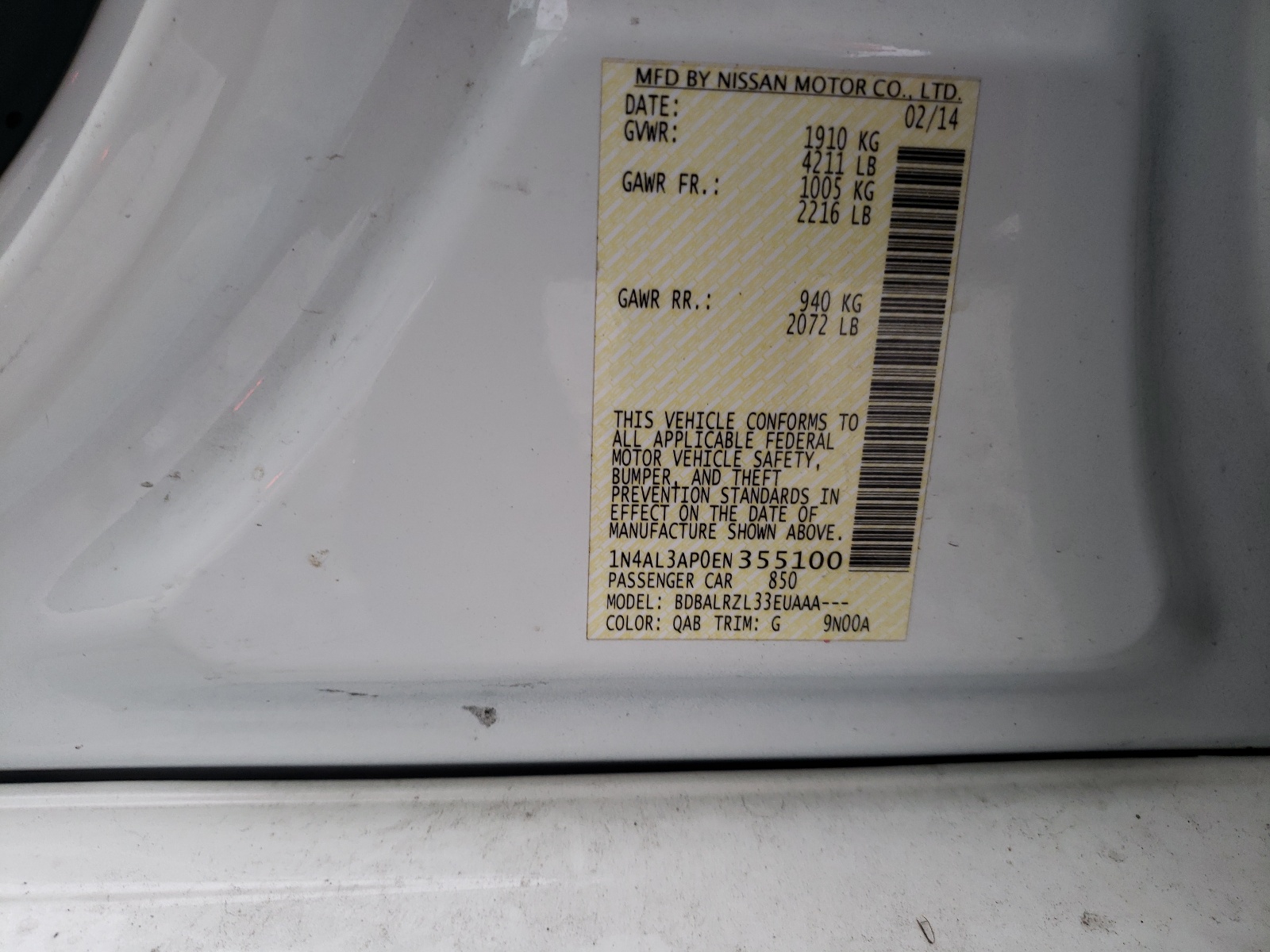 Photo 10 from auction – 2014 NISSAN ALTIMA 2.5 with VIN 1N4AL3AP0EN355100