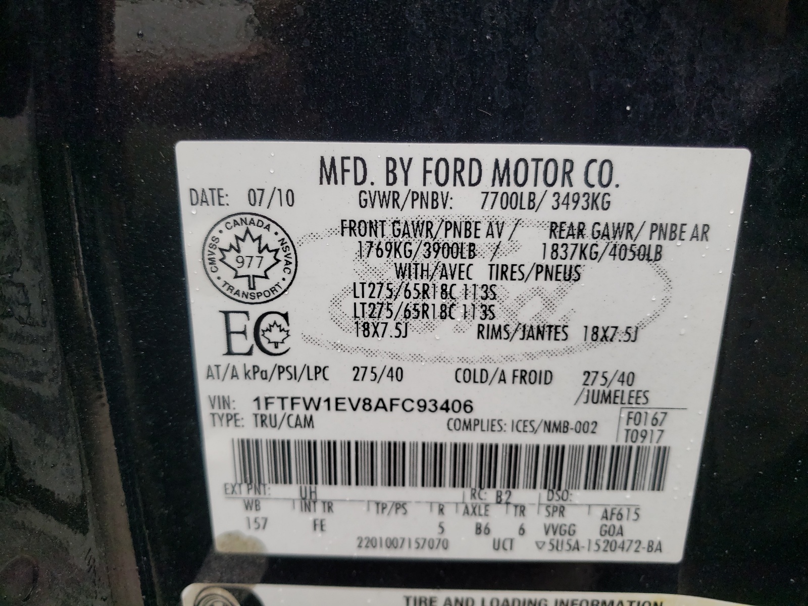 Photo 10 from auction – 2010 FORD F150 SUPER with VIN 1FTFW1EV8AFC93406