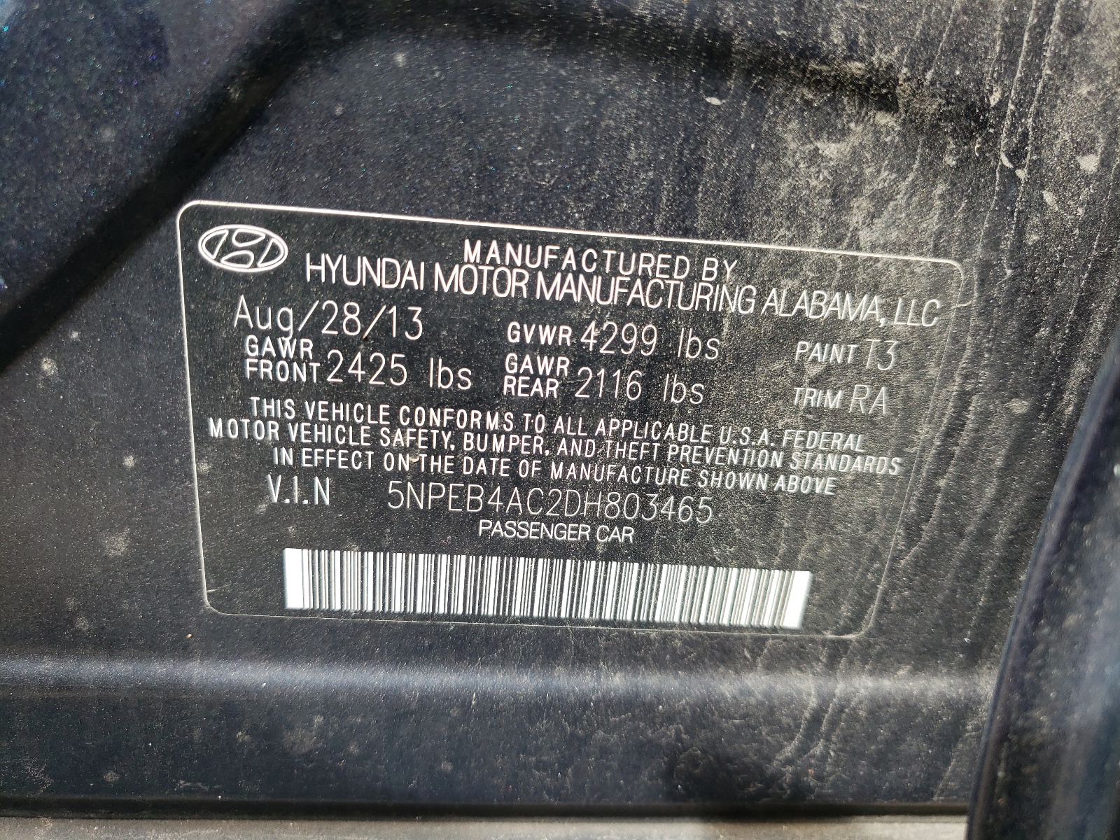 Photo 10 from auction – 2013 HYUNDAI SONATA GLS with VIN 5NPEB4AC2DH803465