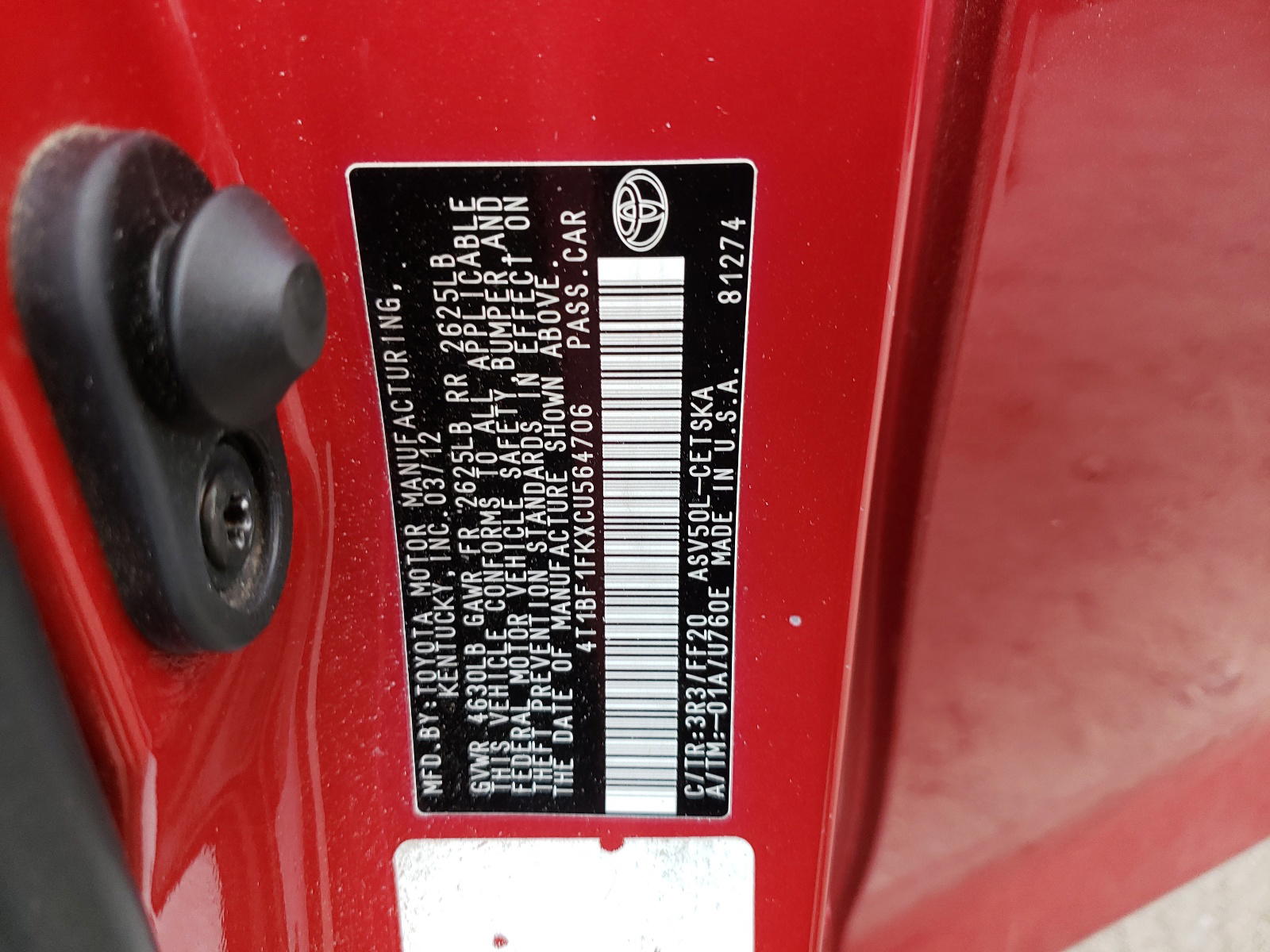 Photo 10 from auction – 2012 TOYOTA CAMRY BASE with VIN 4T1BF1FKXCU564706