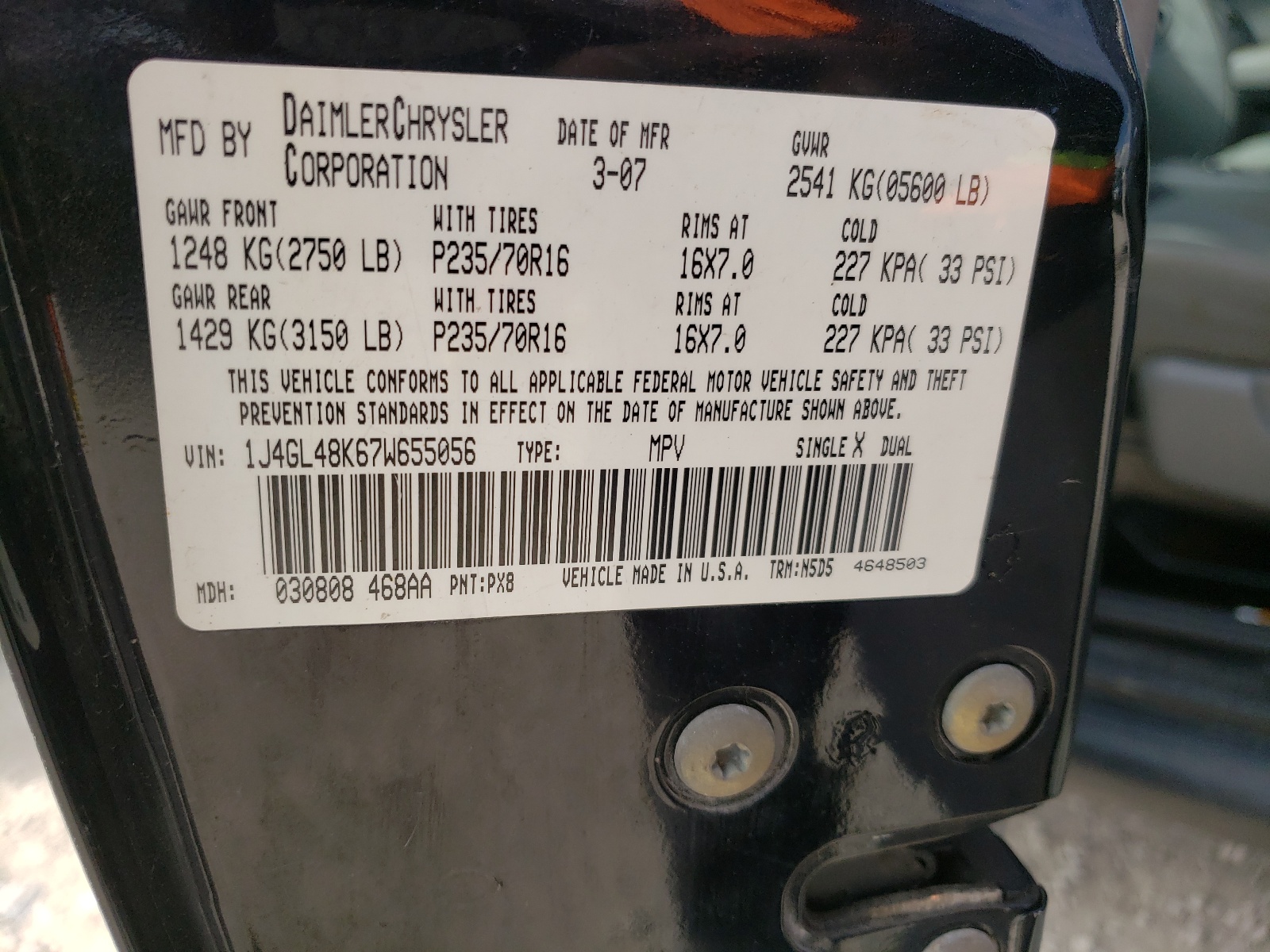 Photo 10 from auction – 2007 JEEP LIBERTY SP with VIN 1J4GL48K67W655056