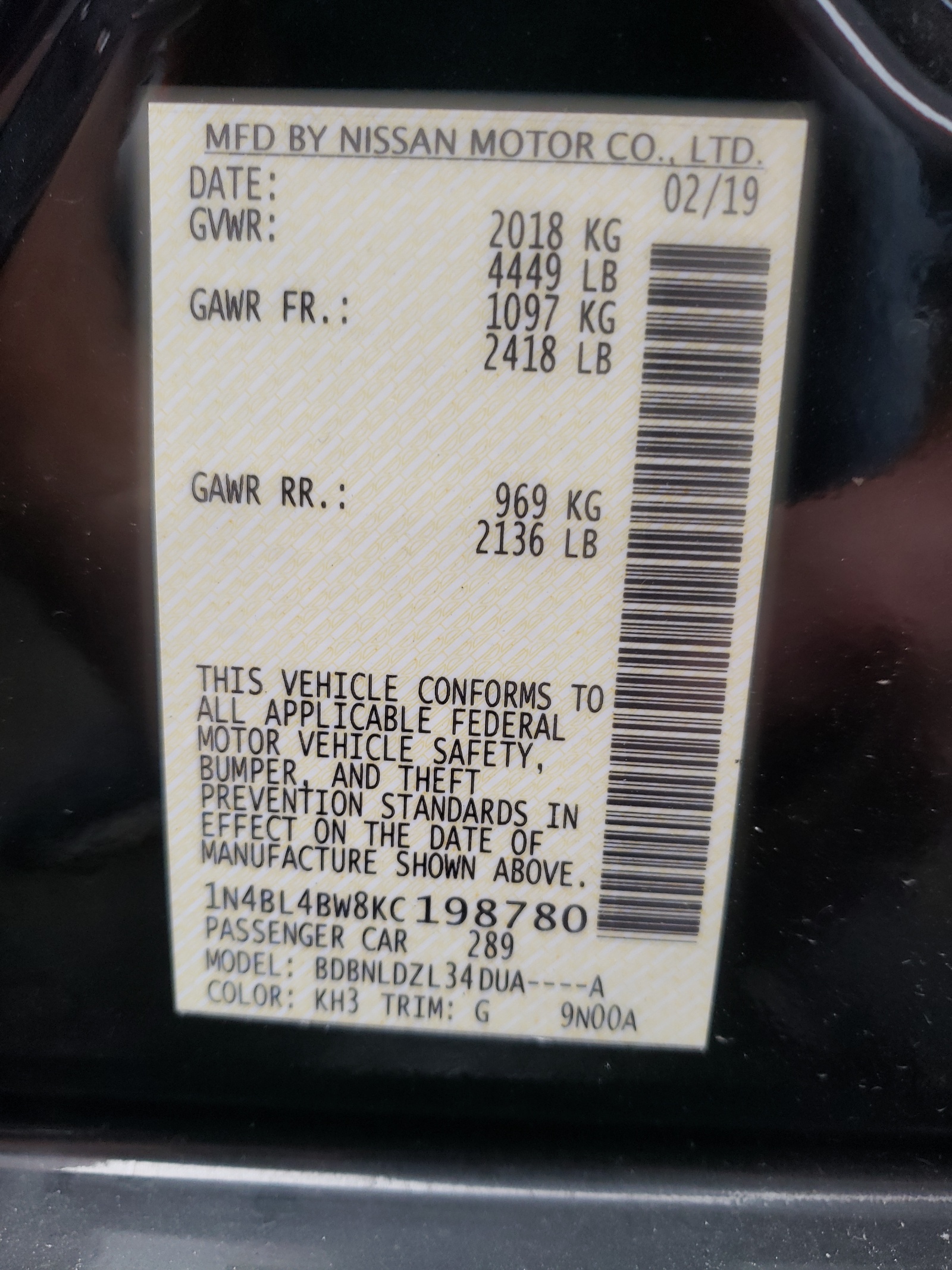Photo 10 from auction – 2019 NISSAN ALTIMA S with VIN 1N4BL4BW8KC198780