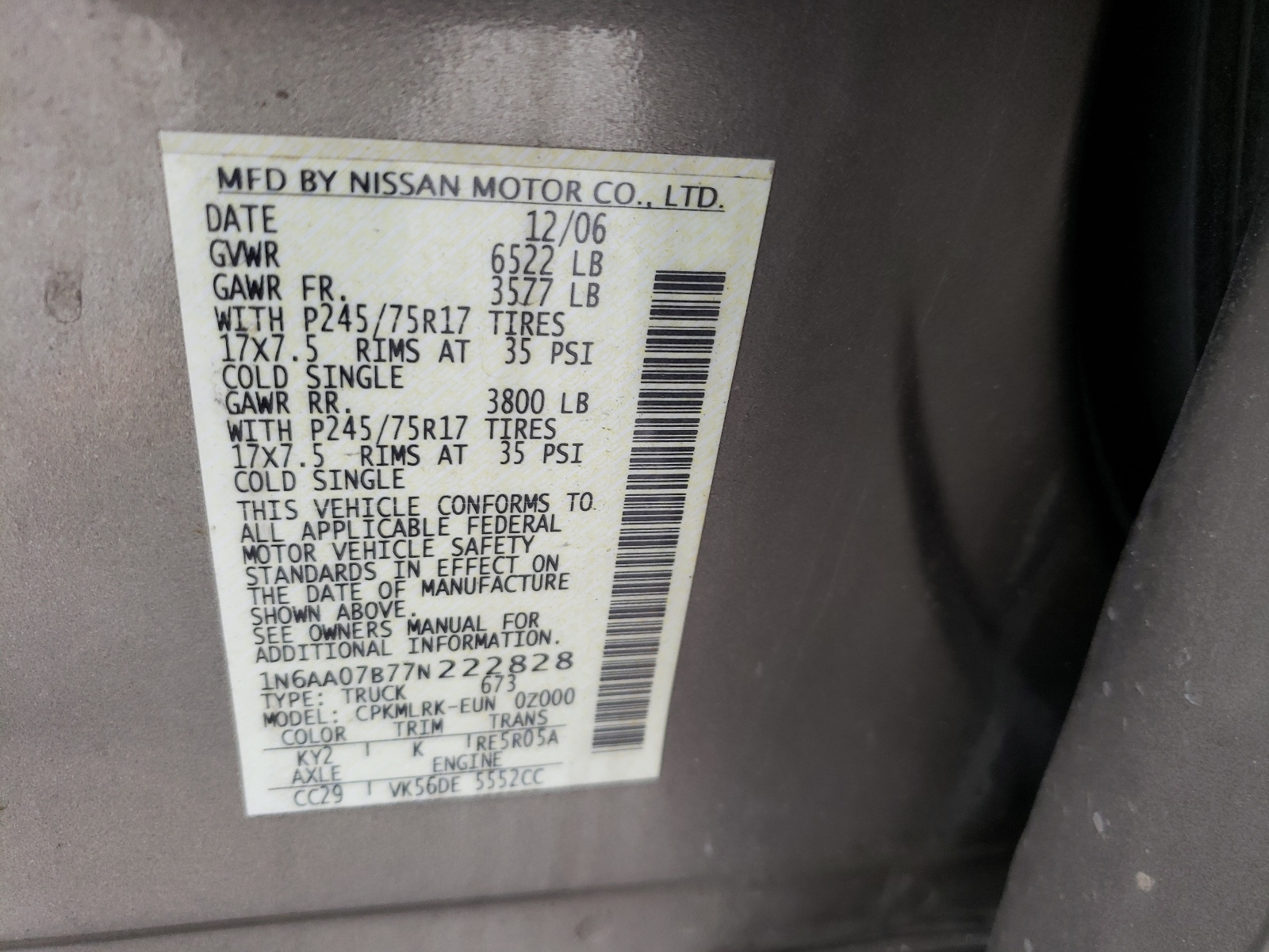 Photo 10 from auction – 2007 NISSAN TITAN XE with VIN 1N6AA07B77N222828