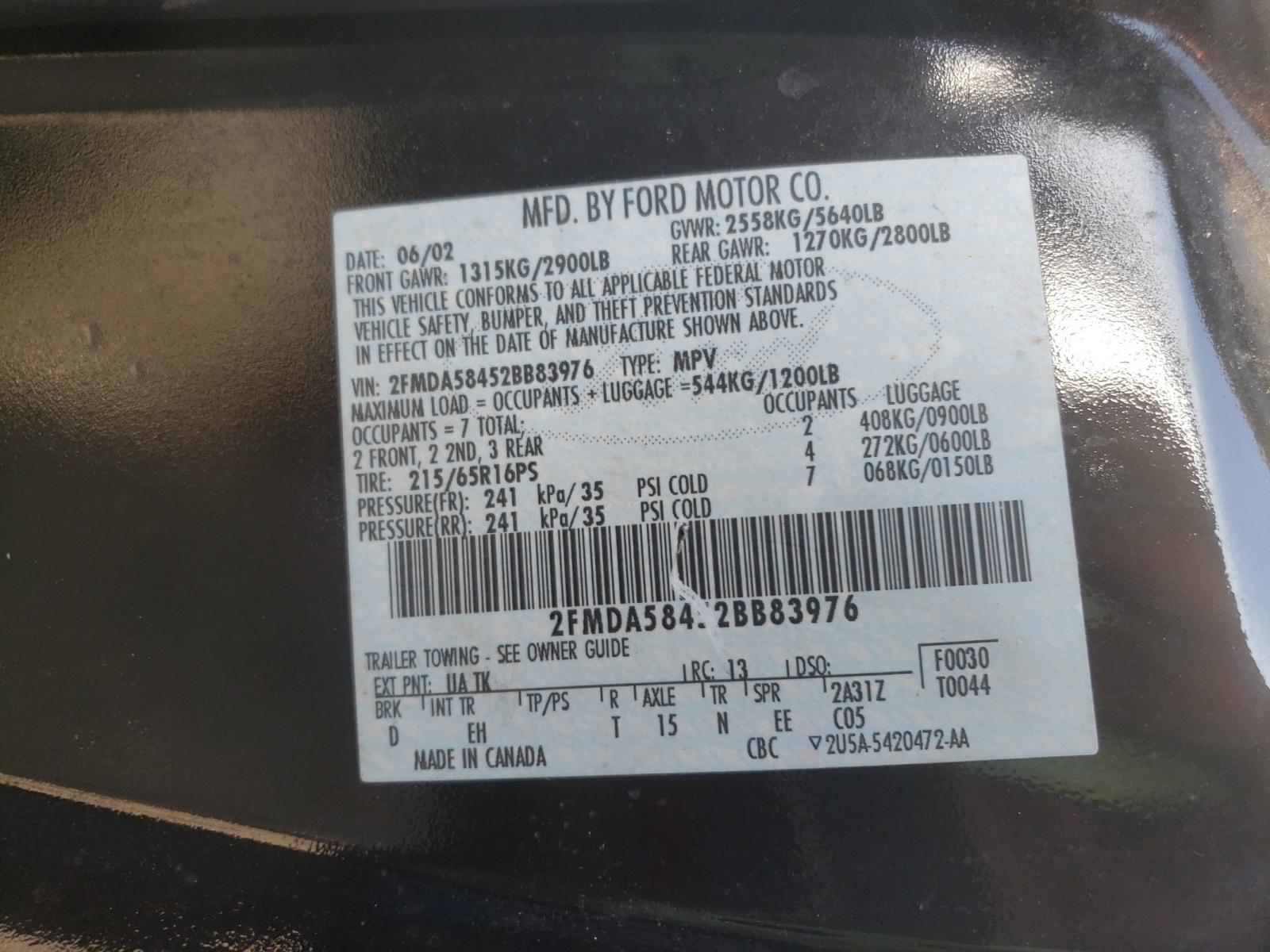 Photo 10 from auction – 2002 FORD WINDSTAR L with VIN 2FMDA58452BB83976