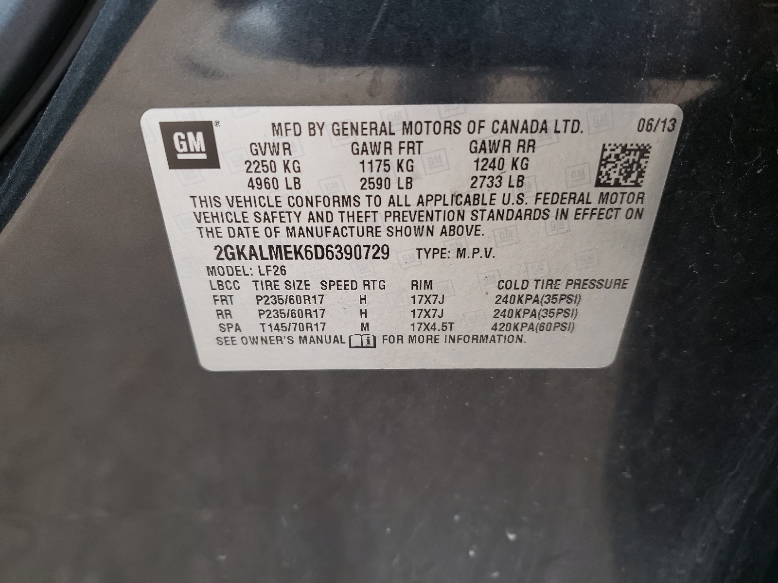 Photo 10 from auction – 2013 GMC TERRAIN SL with VIN 2GKALMEK6D6390729