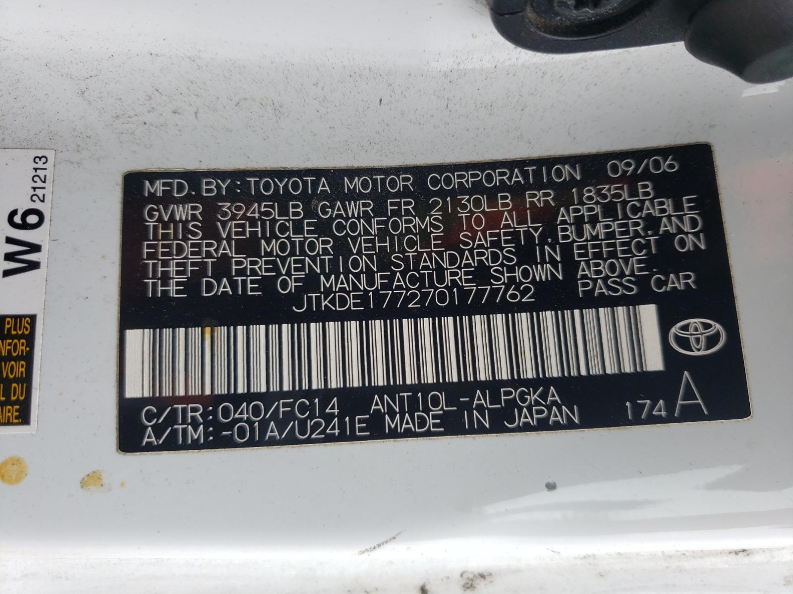 Photo 10 from auction – 2007 TOYOTA SCION TC with VIN JTKDE177270177762