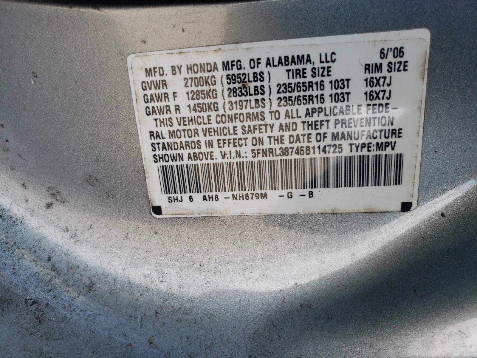 Photo 10 from auction – 2006 HONDA ODYSSEY EX with VIN 5FNRL38746B114725
