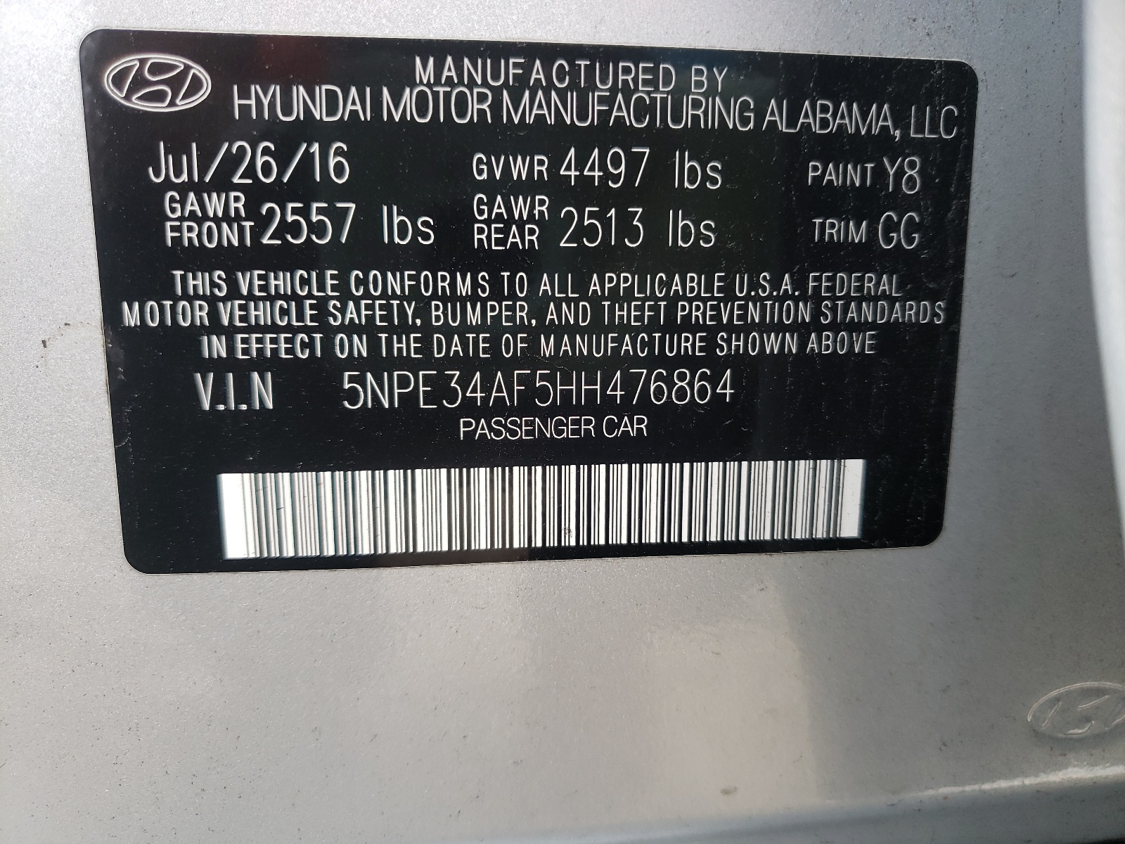 Photo 10 from auction – 2017 HYUNDAI SONATA SPO with VIN 5NPE34AF5HH476864
