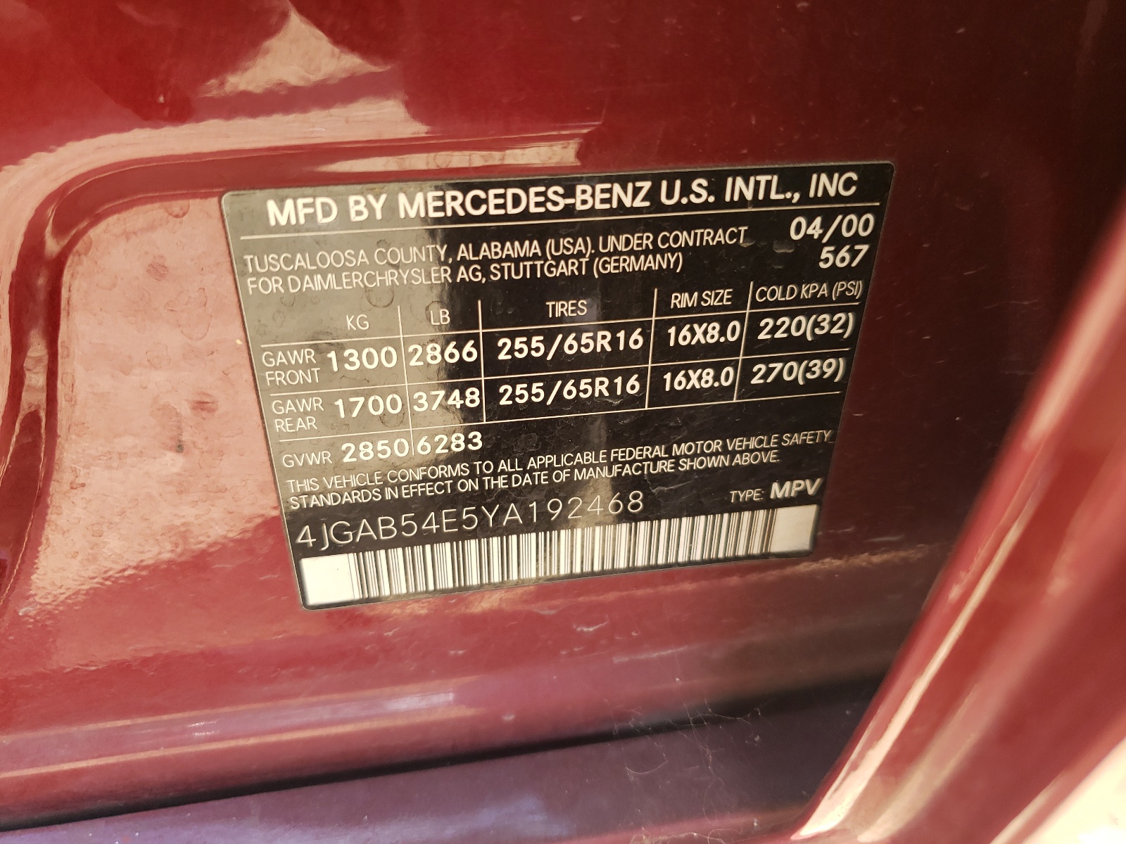 Photo 10 from auction – 2000 MERCEDES-BENZ ML 320 with VIN 4JGAB54E5YA192468