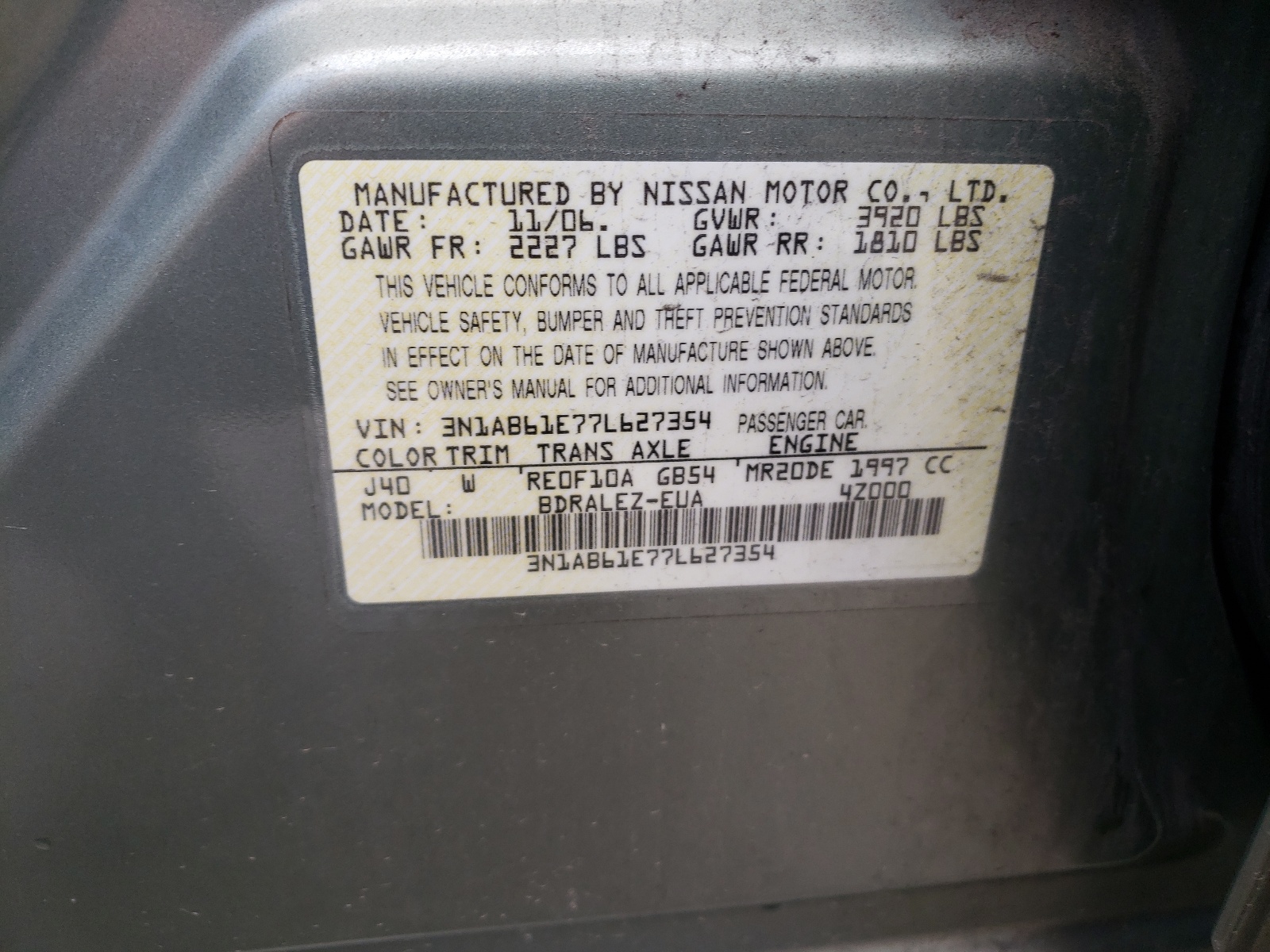 Photo 10 from auction – 2007 NISSAN SENTRA 2.0 with VIN 3N1AB61E77L627354