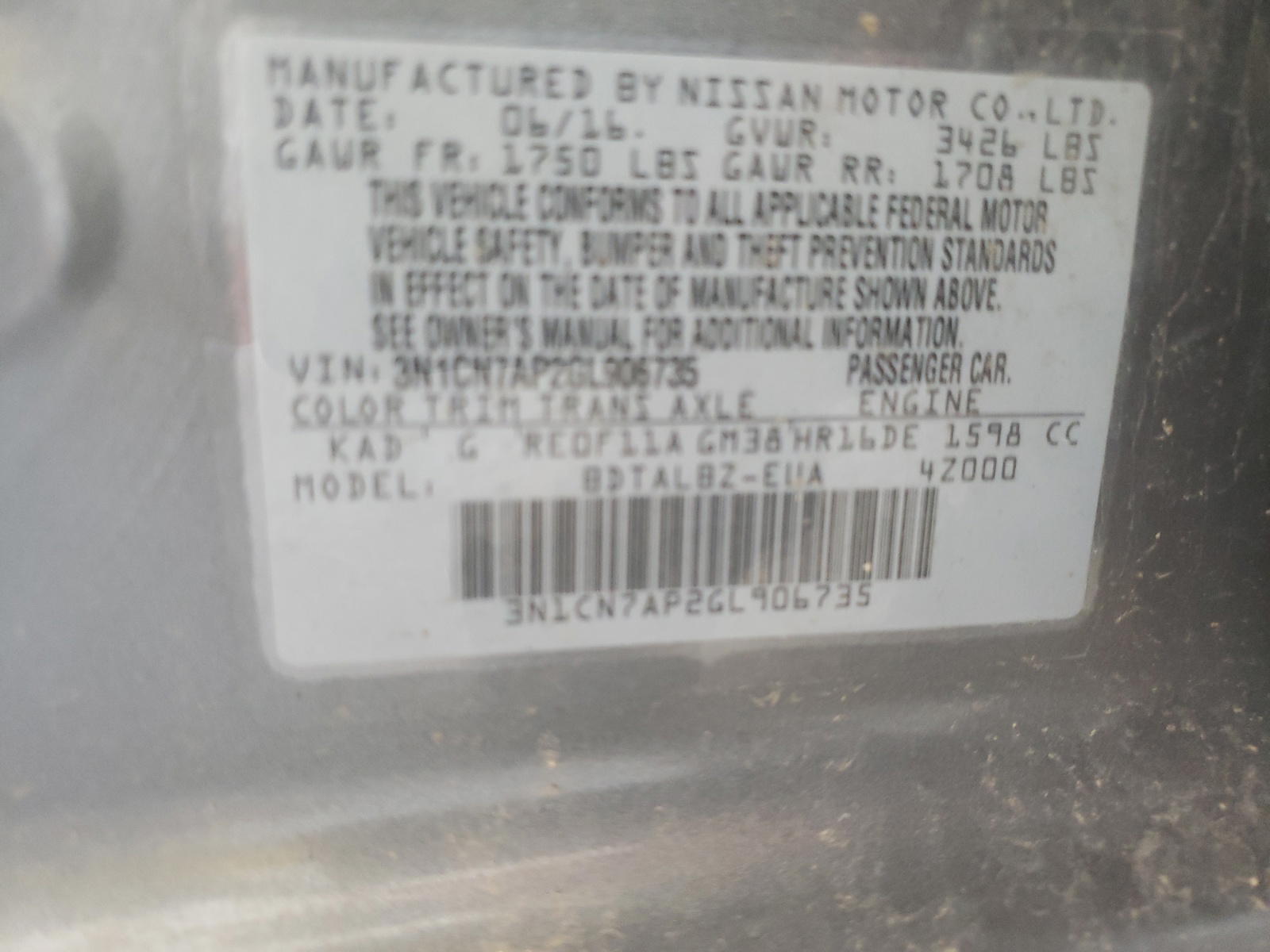 Photo 10 from auction – 2016 NISSAN VERSA S with VIN 3N1CN7AP2GL906735
