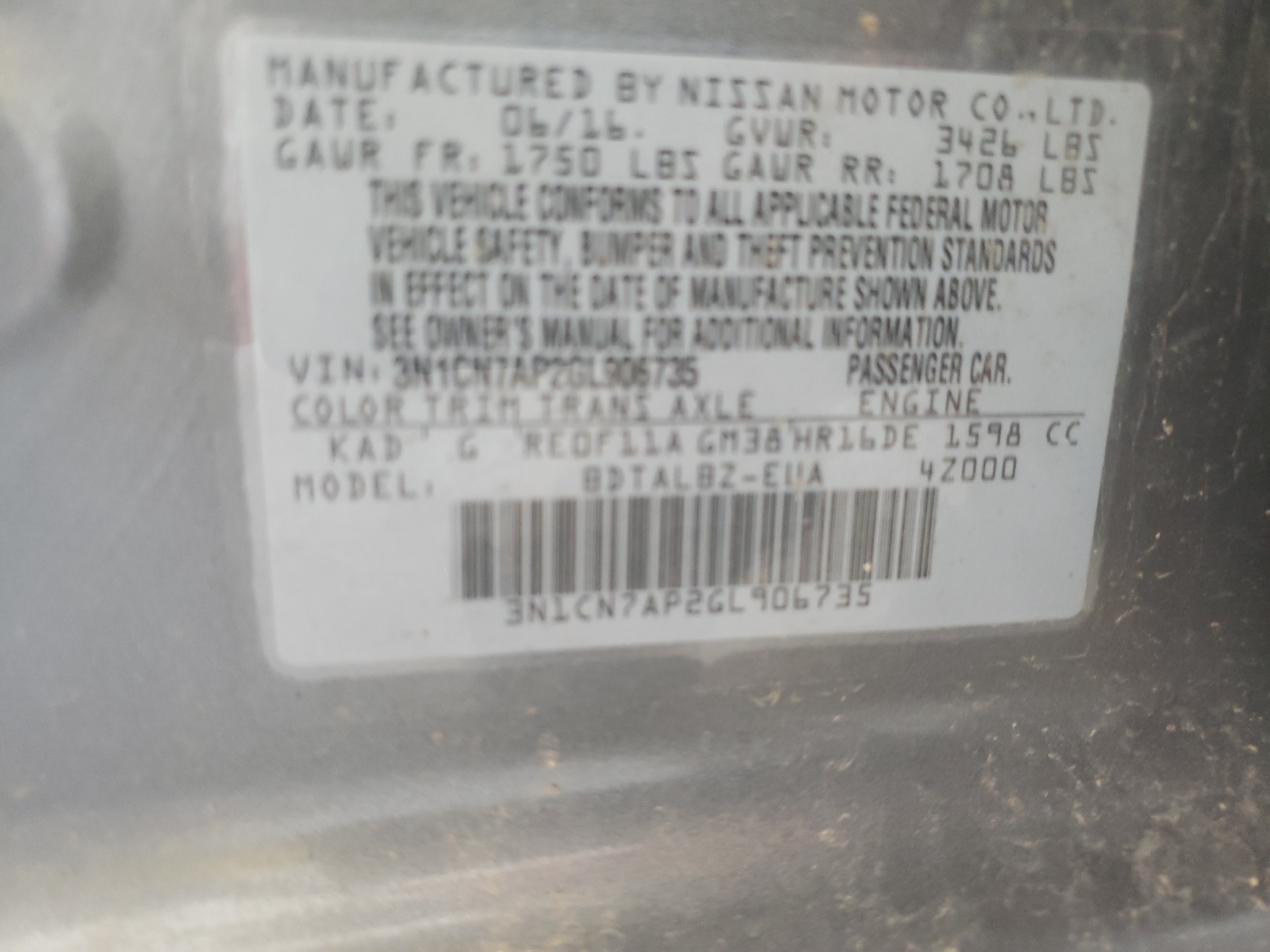 صورة رقم 10 من المزاد - 2016 NISSAN VERSA S مع VIN 3N1CN7AP2GL906735