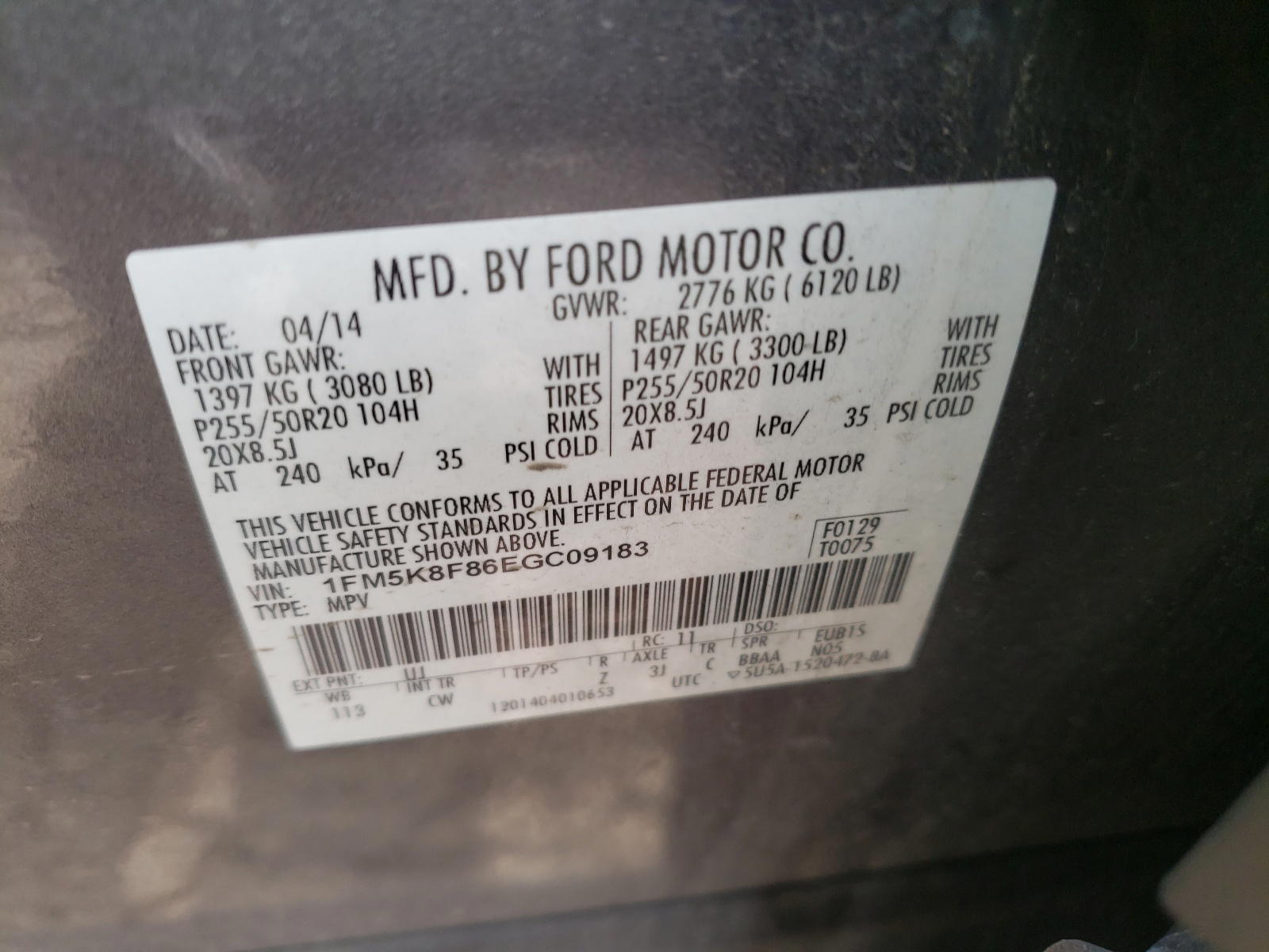 Photo 10 from auction – 2014 FORD EXPLORER L with VIN 1FM5K8F86EGC09183