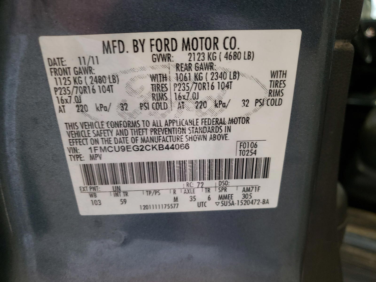 Photo 10 from auction – 2012 FORD ESCAPE LIM with VIN 1FMCU9EG2CKB44066