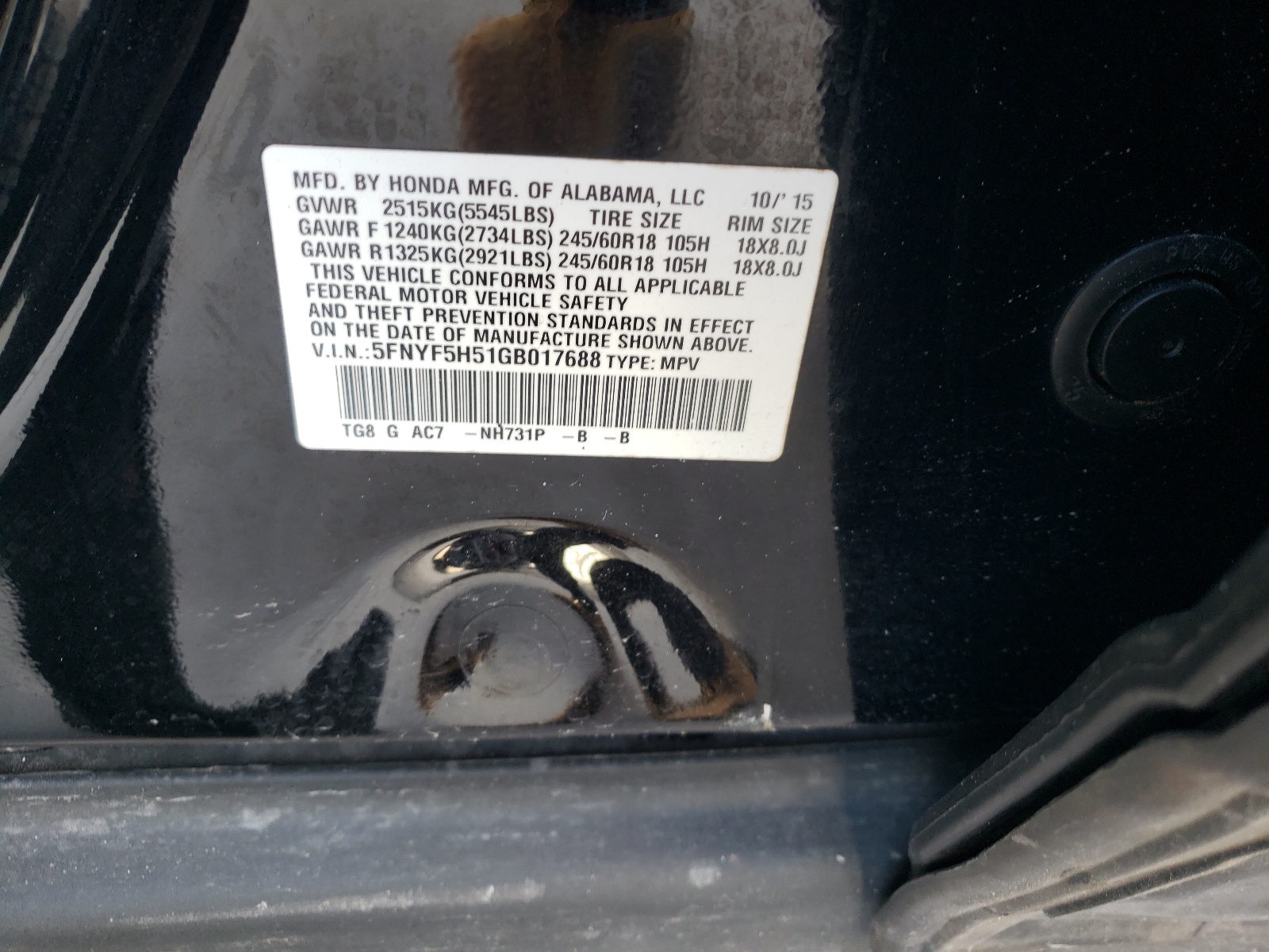 Photo 10 from auction – 2016 HONDA PILOT EXL with VIN 5FNYF5H51GB017688