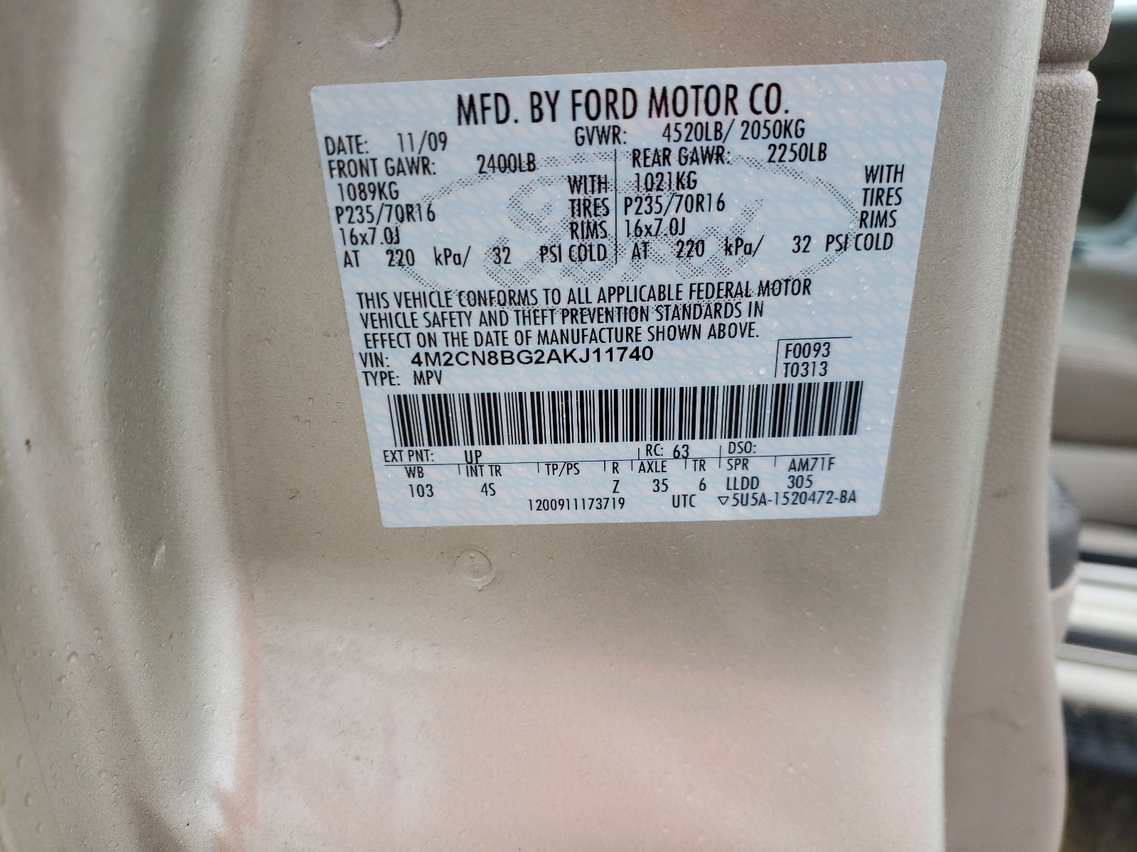 Photo 10 from auction – 2010 MERCURY MARINER with VIN 4M2CN8BG2AKJ11740