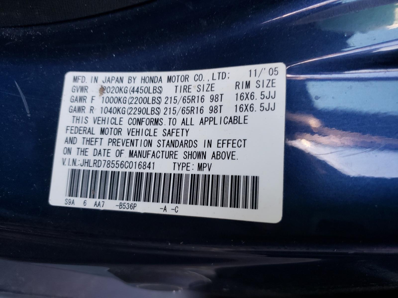 Photo 10 from auction – 2006 HONDA CR-V LX with VIN JHLRD78556C016841