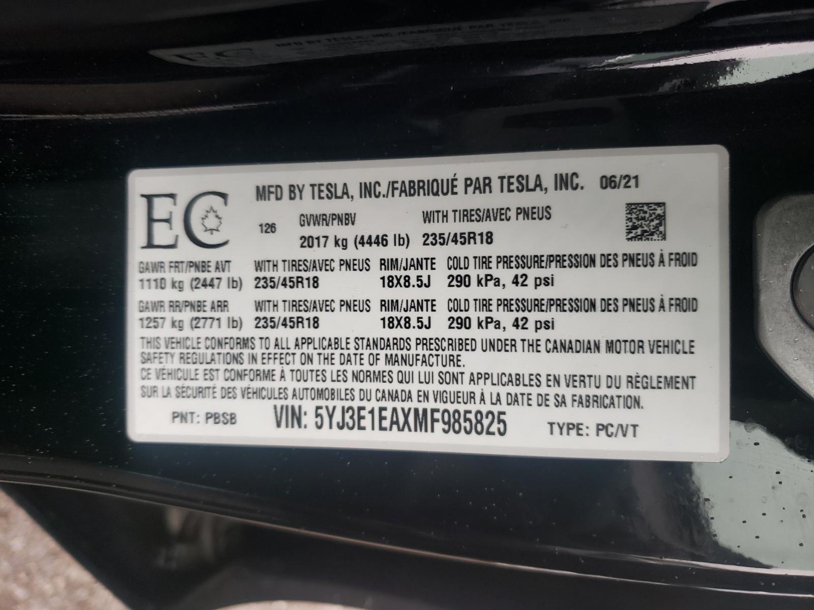 Photo 10 from auction – 2021 TESLA MODEL 3 with VIN 5YJ3E1EAXMF985825