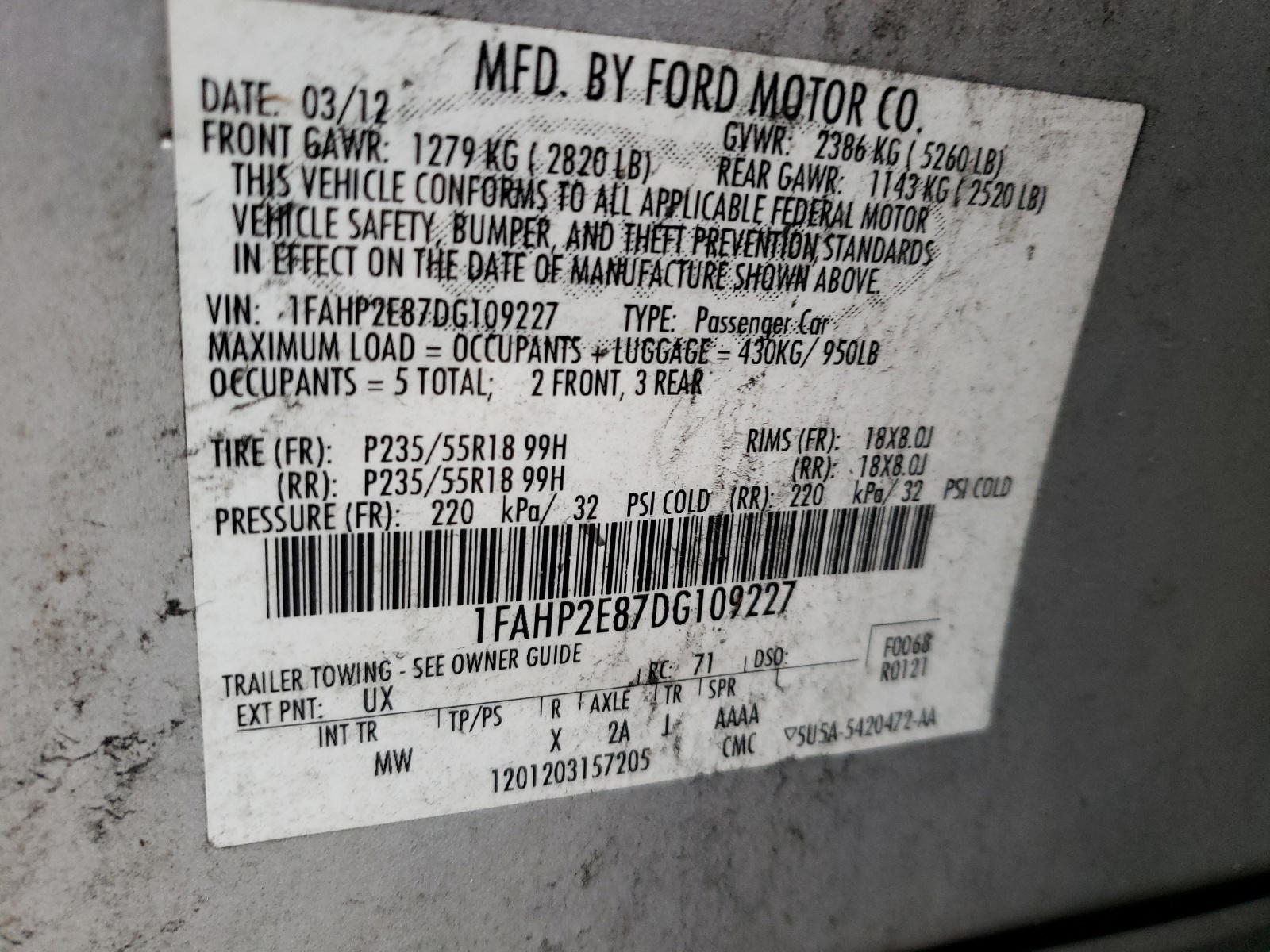 Photo 10 from auction – 2013 FORD TAURUS SEL with VIN 1FAHP2E87DG109227