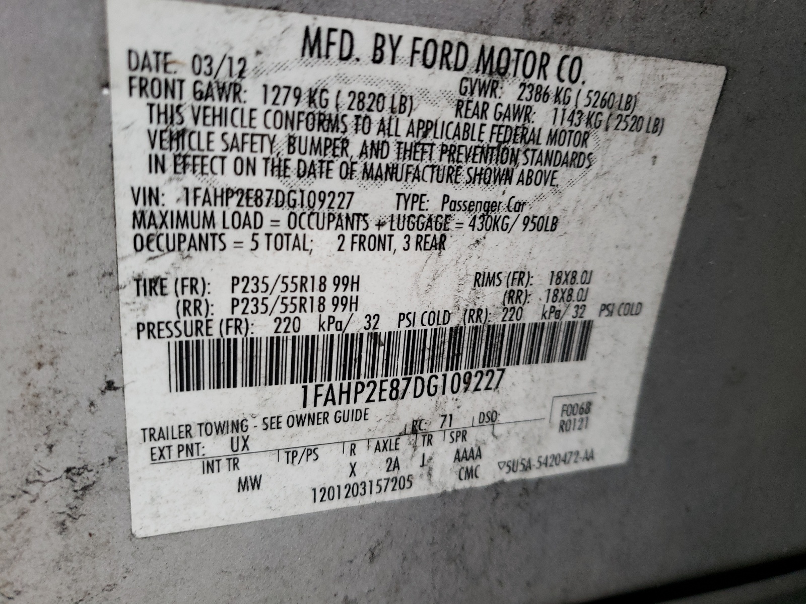 Фото 10 с аукциона – 2013 FORD TAURUS SEL с VIN 1FAHP2E87DG109227
