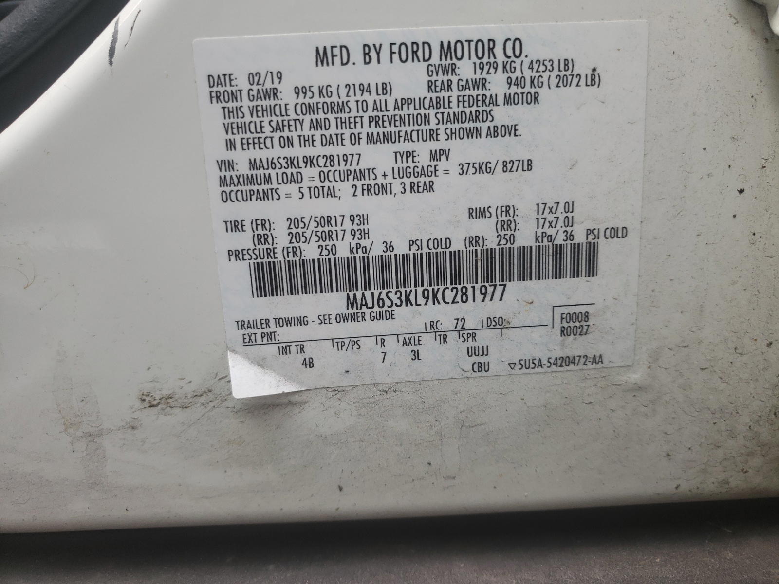 Photo 10 from auction – 2019 FORD ECOSPORT T with VIN MAJ6S3KL9KC281977