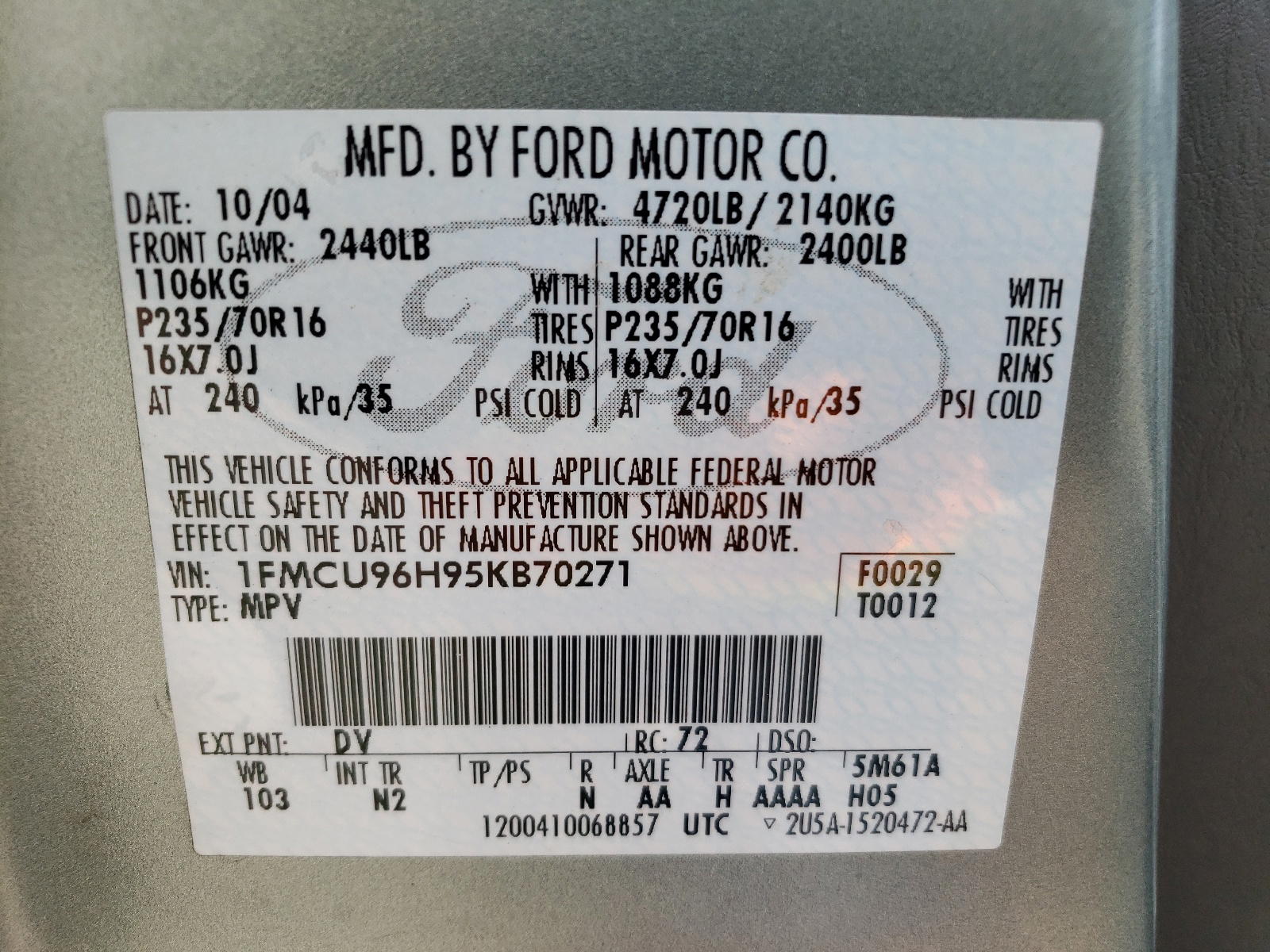 Photo 10 from auction – 2005 FORD ESCAPE HEV with VIN 1FMCU96H95KB70271