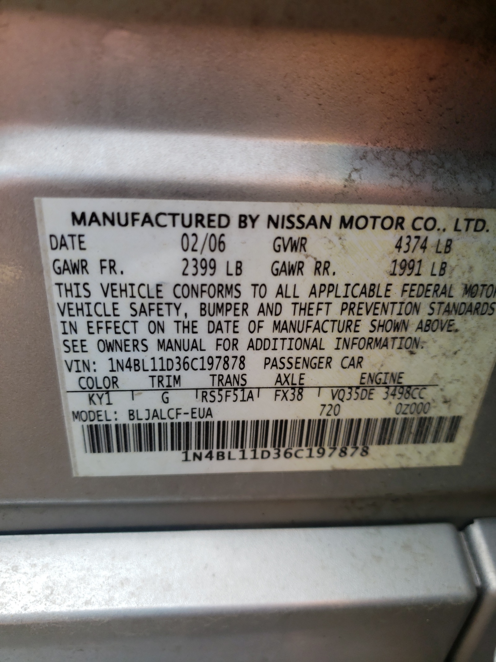 Photo 10 from auction – 2006 NISSAN ALTIMA SE with VIN 1N4BL11D36C197878