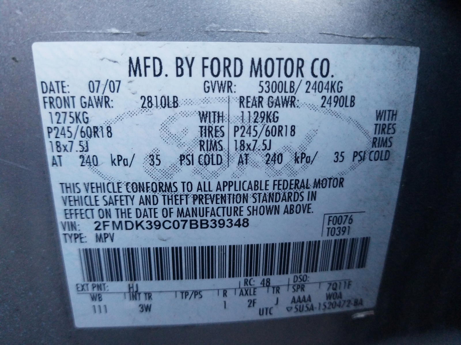 Photo 10 from auction – 2007 FORD EDGE SEL P with VIN 2FMDK39C07BB39348