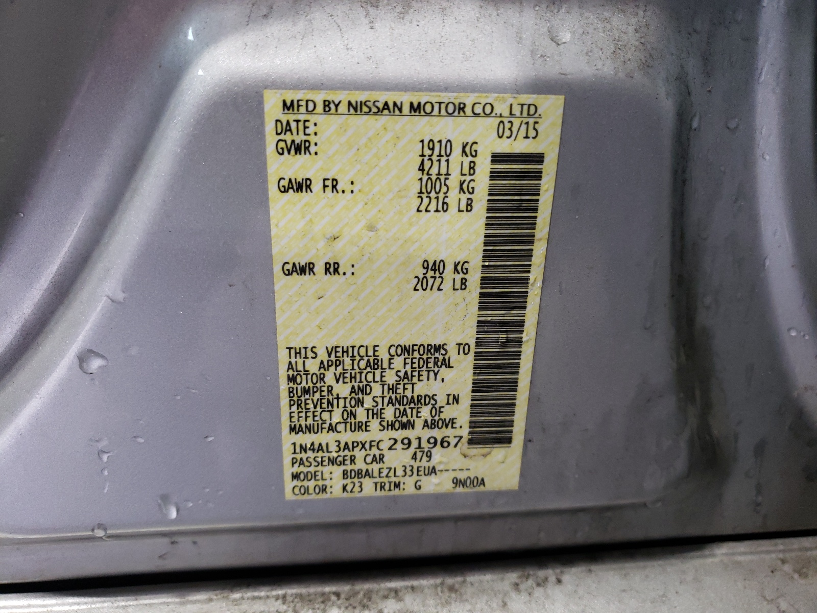 Photo 10 from auction – 2015 NISSAN ALTIMA 2.5 with VIN 1N4AL3APXFC291967