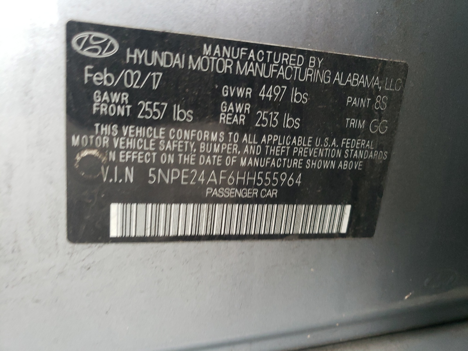 Photo 10 from auction – 2017 HYUNDAI SONATA SE with VIN 5NPE24AF6HH555964