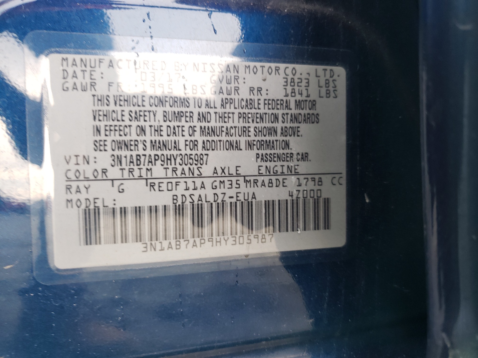 Photo 10 from auction – 2017 NISSAN SENTRA S with VIN 3N1AB7AP9HY305987
