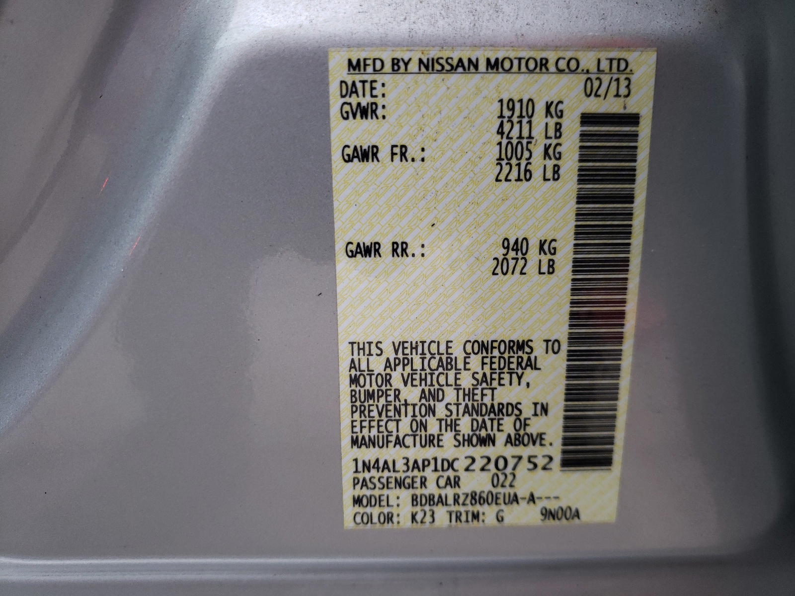 Photo 10 from auction – 2013 NISSAN ALTIMA 2.5 with VIN 1N4AL3AP1DC220752