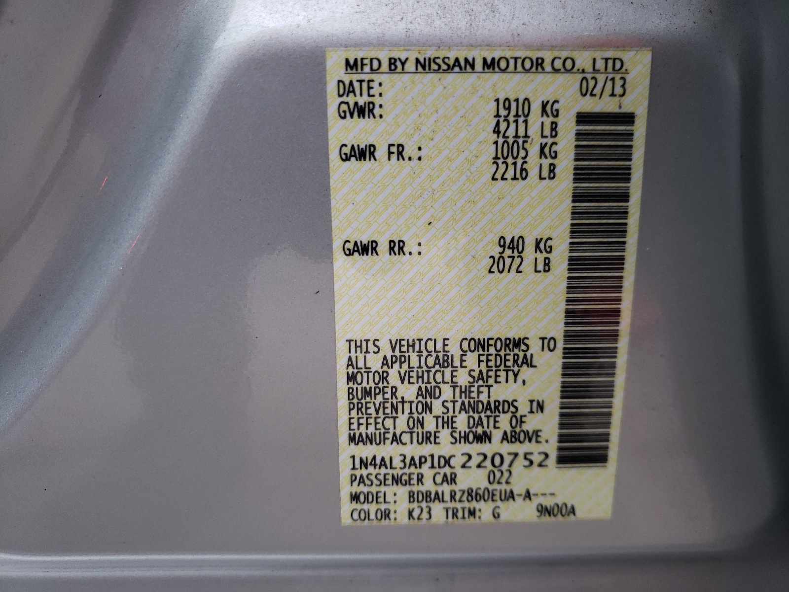 Foto 10 de la subasta – 2013 NISSAN ALTIMA 2.5 con VIN 1N4AL3AP1DC220752