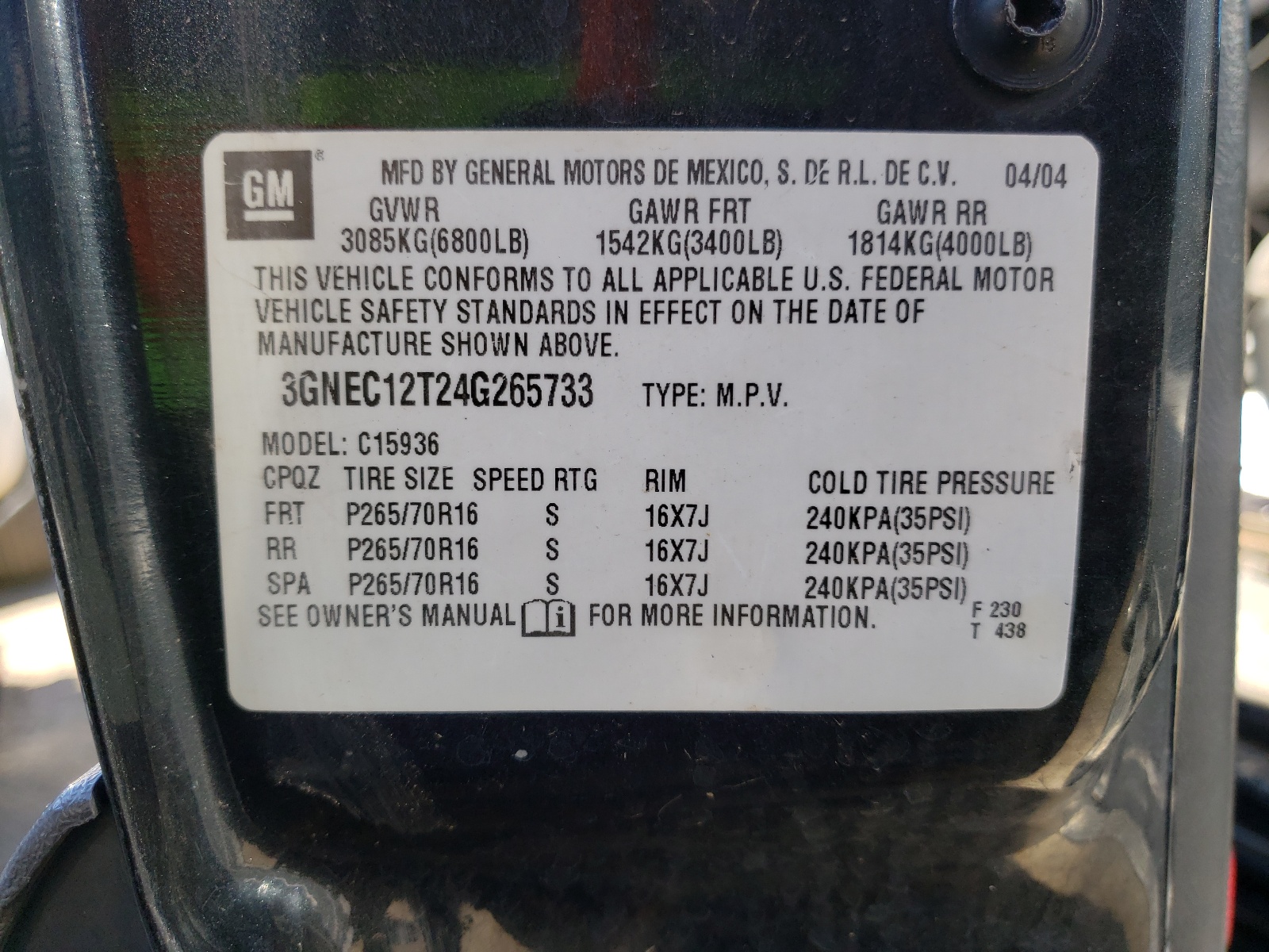 Photo 10 from auction – 2004 CHEVROLET AVALANCHE with VIN 3GNEC12T24G265733