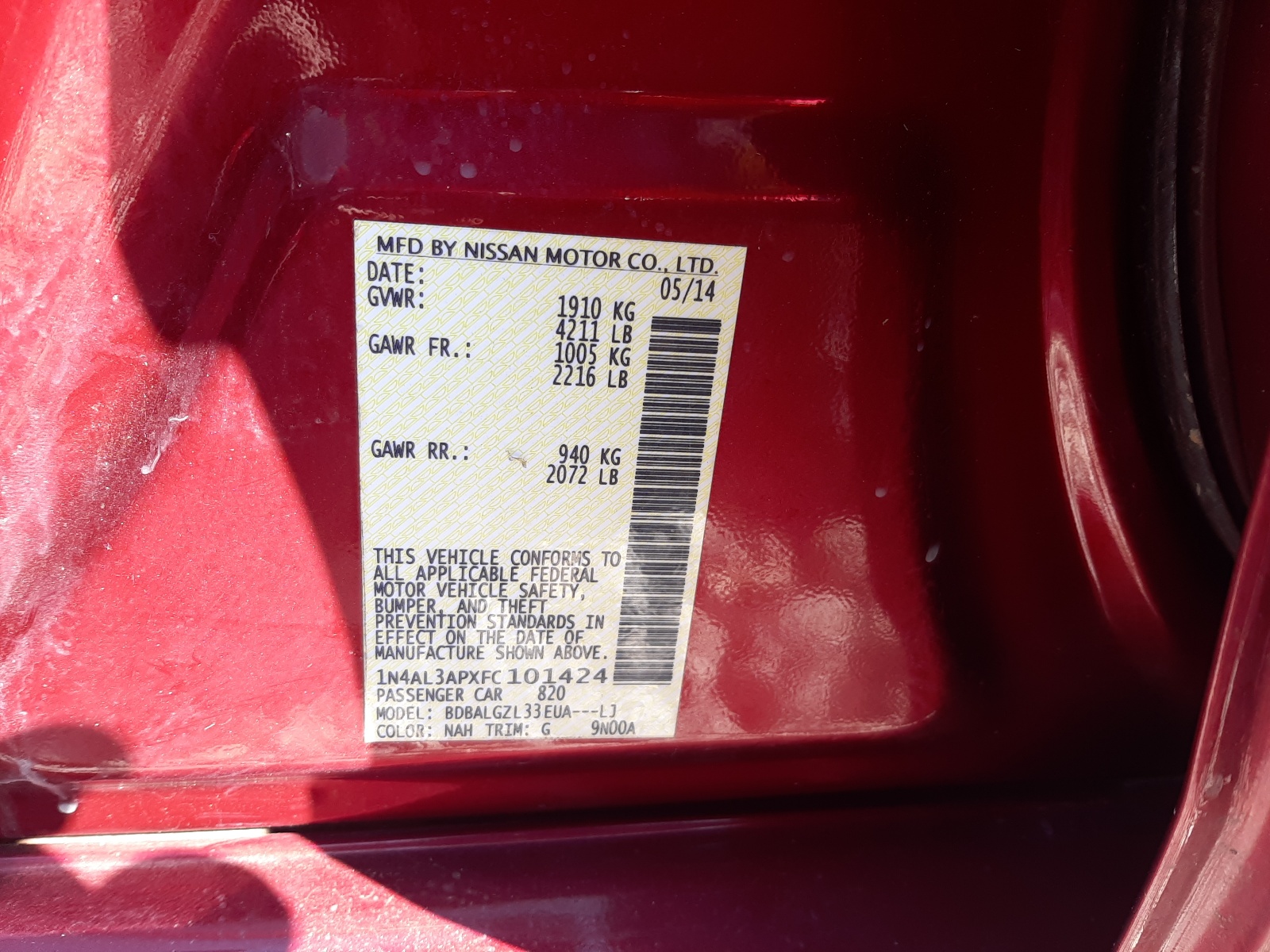 Photo 10 from auction – 2015 NISSAN ALTIMA 2.5 with VIN 1N4AL3APXFC101424
