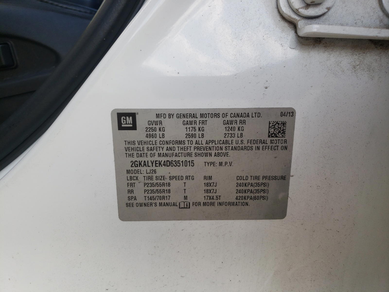 Photo 10 from auction – 2013 GMC TERRAIN DE with VIN 2GKALYEK4D6351015