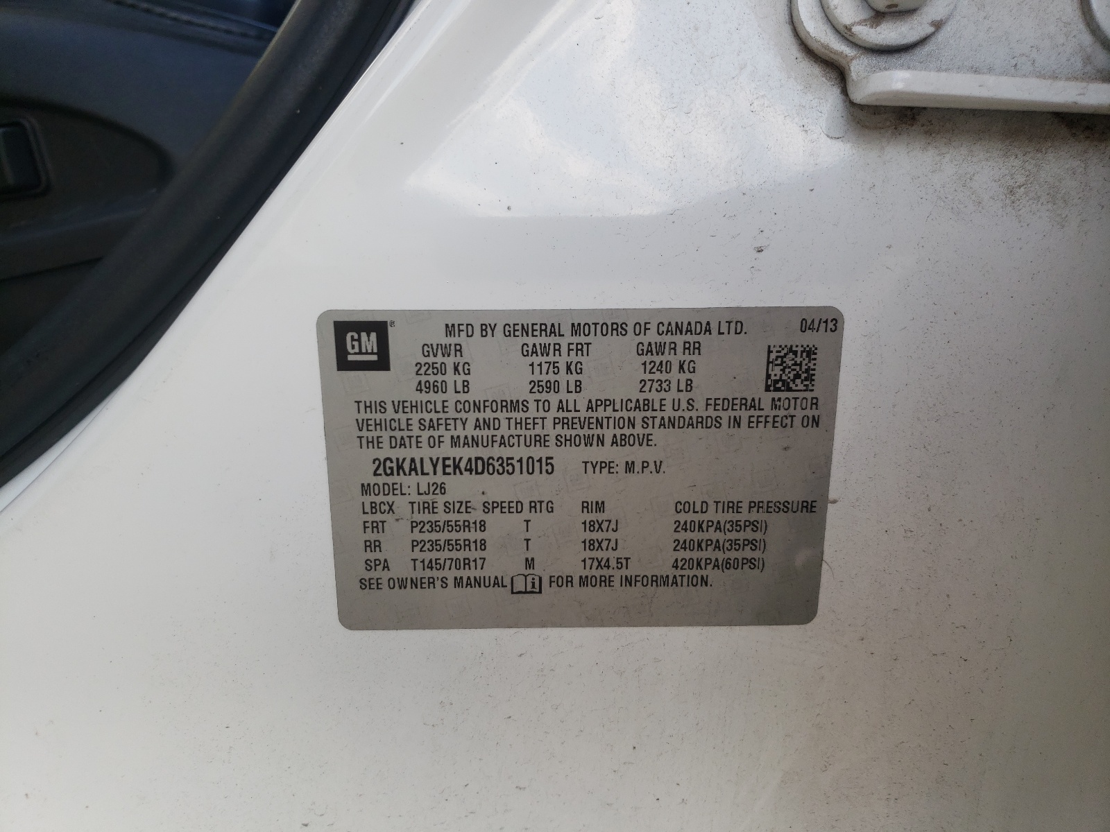 Фото 10 с аукциона – 2013 GMC TERRAIN DE с VIN 2GKALYEK4D6351015