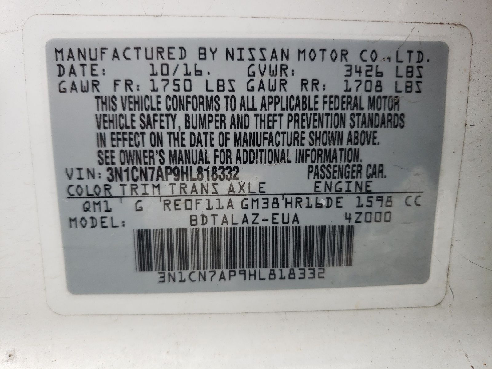 Photo 10 from auction – 2017 NISSAN VERSA S with VIN 3N1CN7AP9HL818332