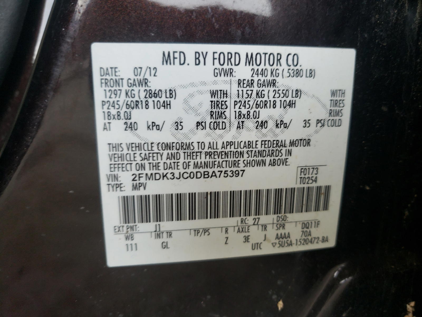 Photo 10 from auction – 2013 FORD EDGE SEL with VIN 2FMDK3JC0DBA75397
