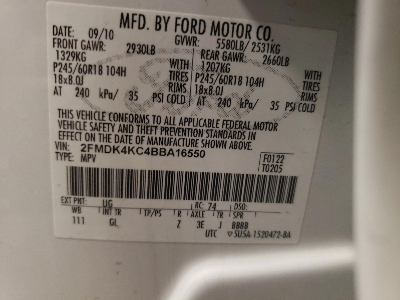 Photo 10 from auction – 2011 FORD EDGE LIMIT with VIN 2FMDK4KC4BBA16550