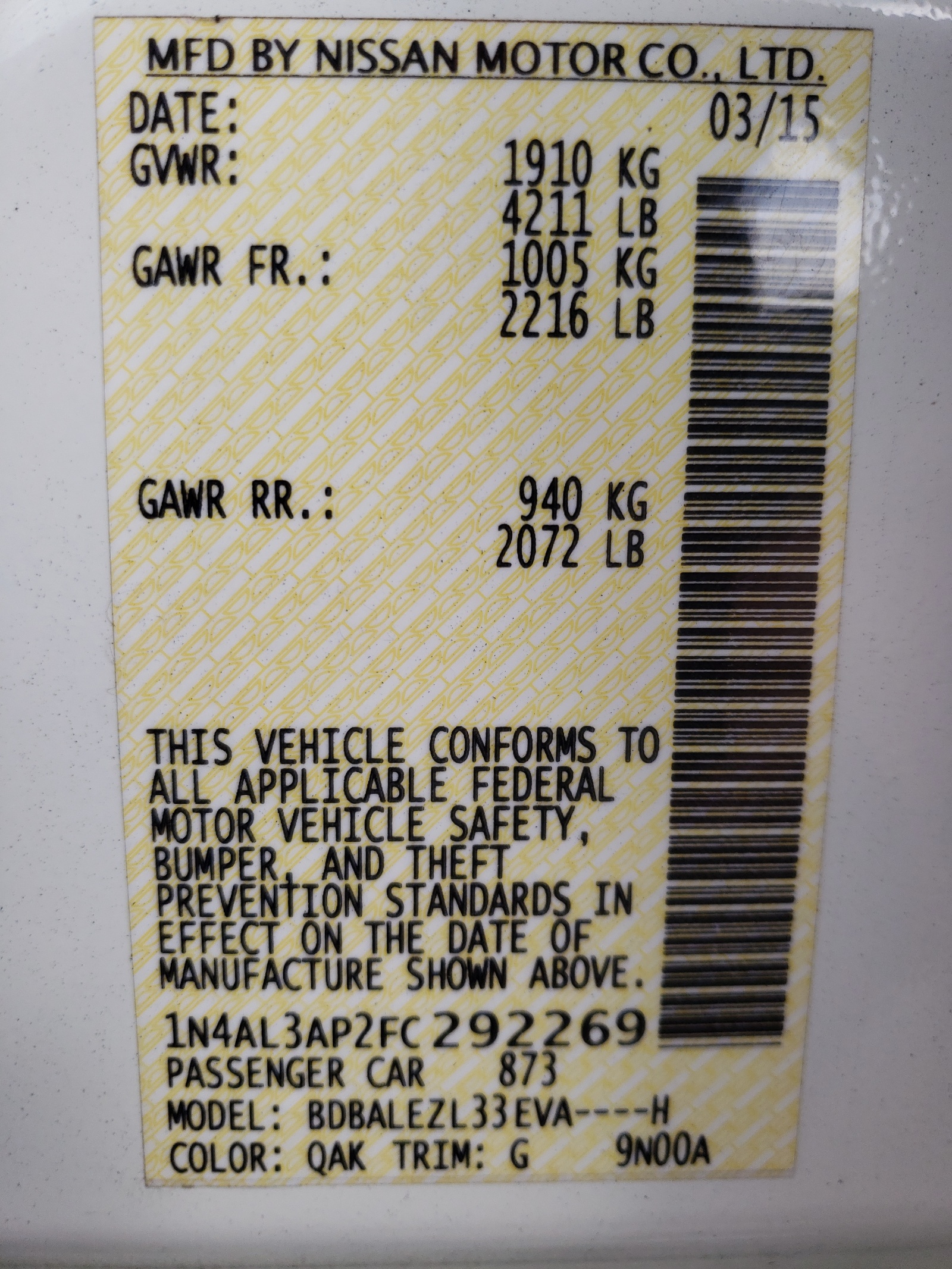 Photo 10 from auction – 2015 NISSAN ALTIMA 2.5 with VIN 1N4AL3AP2FC292269