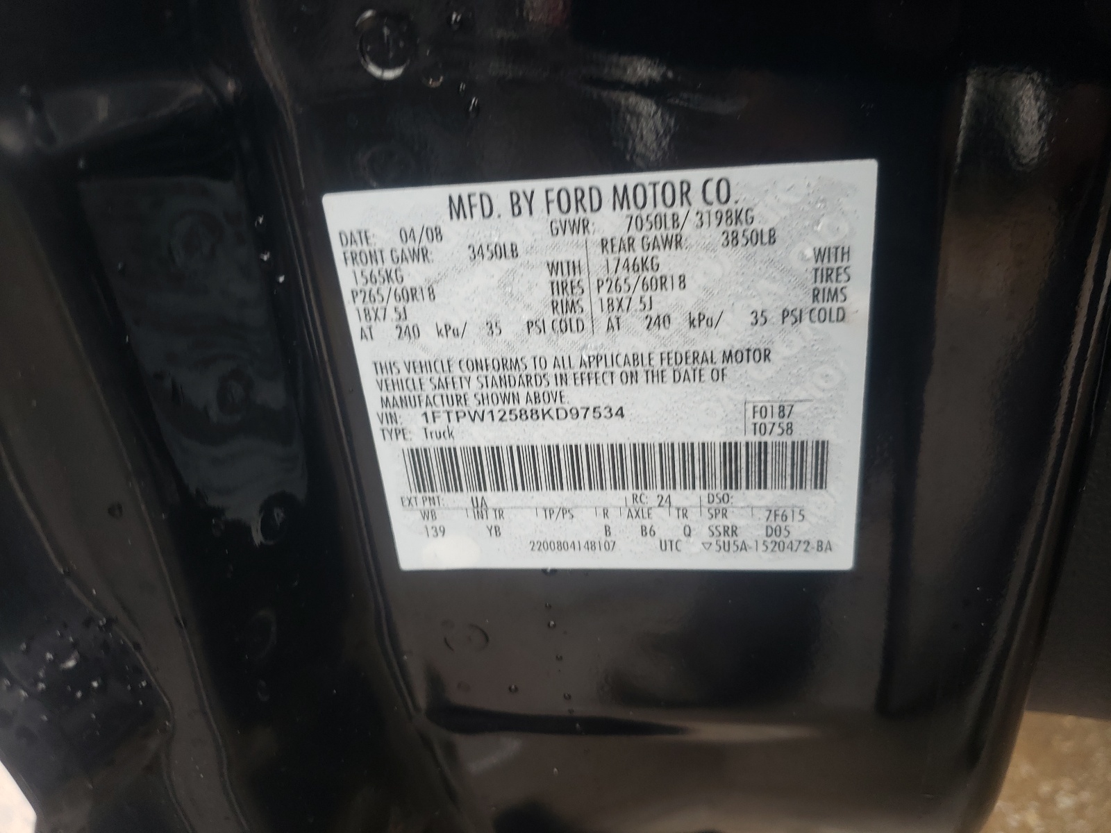 Photo 10 from auction – 2008 FORD F150 SUPER with VIN 1FTPW12588KD97534
