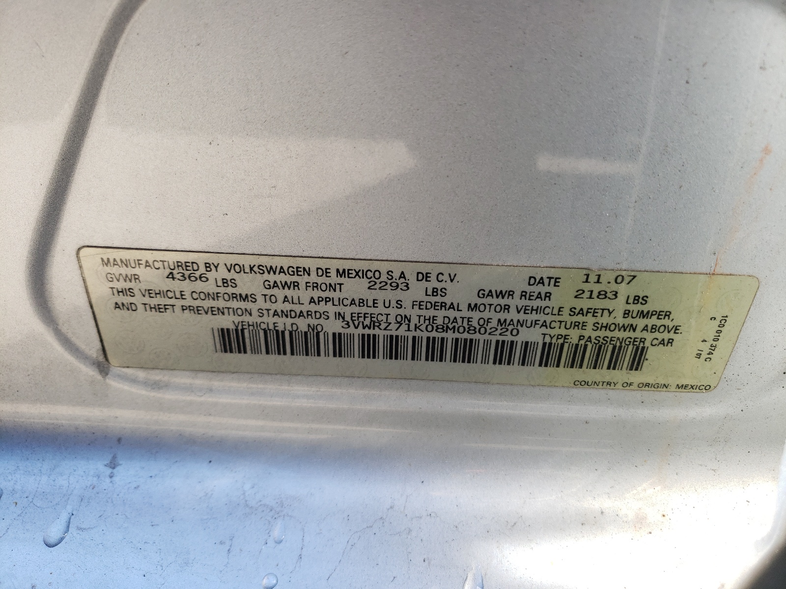 Photo 10 from auction – 2008 VOLKSWAGEN JETTA SE with VIN 3VWRZ71K08M080220